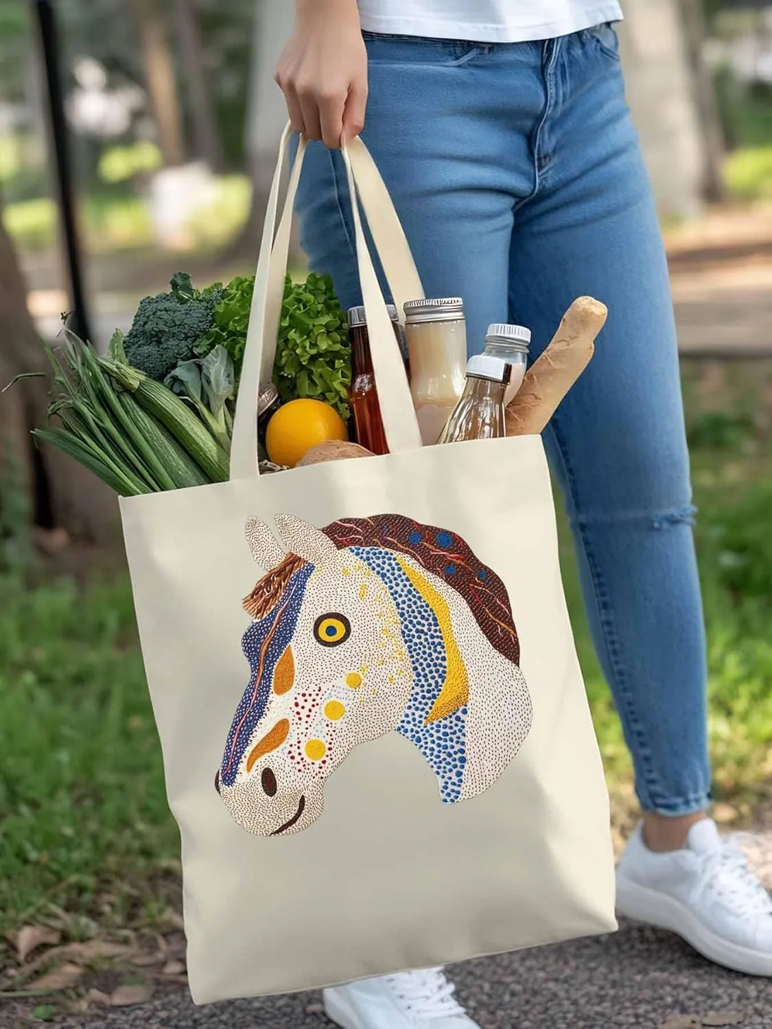 Canvas Tote Bag, Boho Geometric Horse Print patterned Canvas Tote Handbags for Women Shoulder Bag,