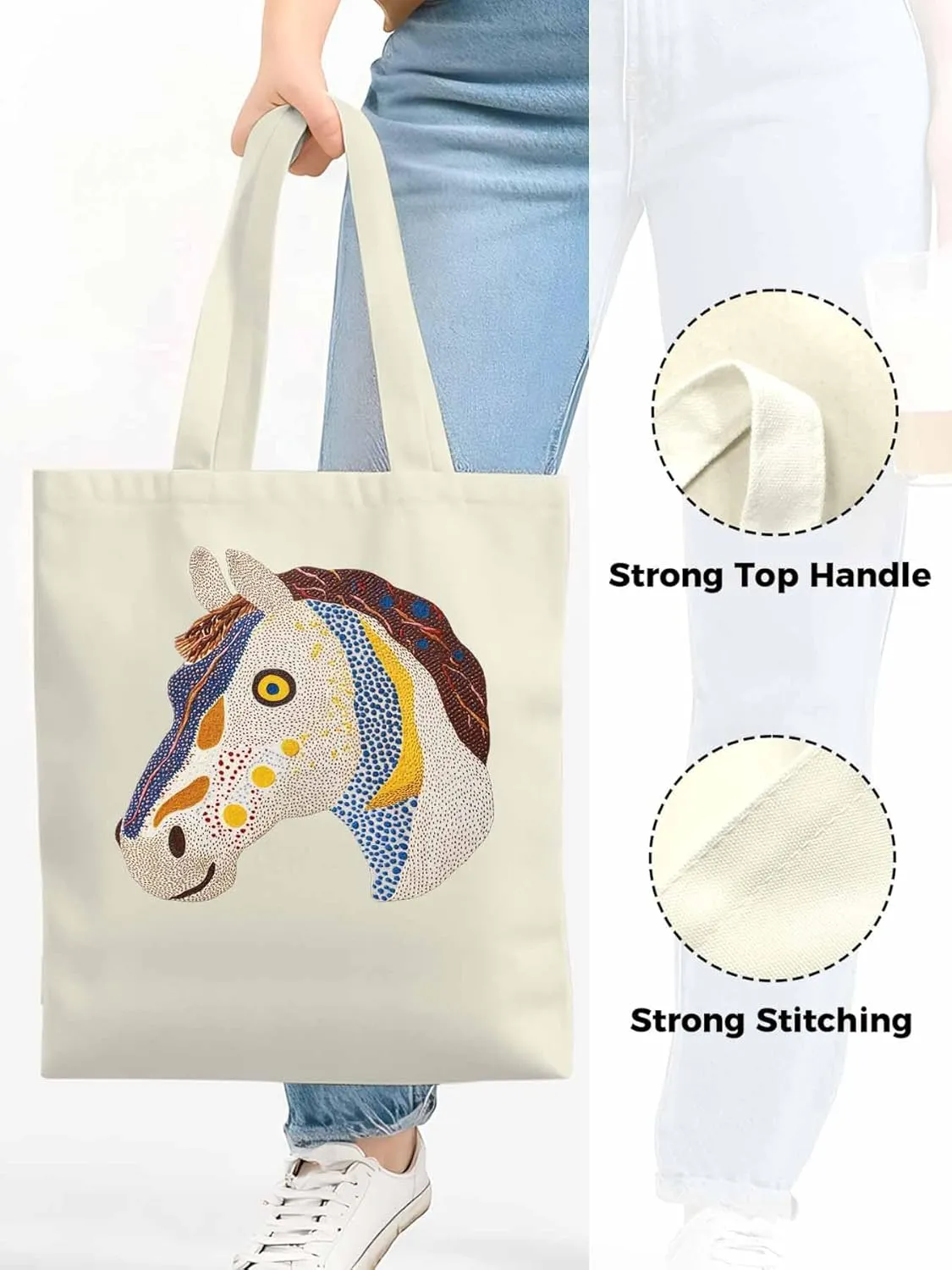 Canvas Tote Bag, Boho Geometric Horse Print patterned Canvas Tote Handbags for Women Shoulder Bag,