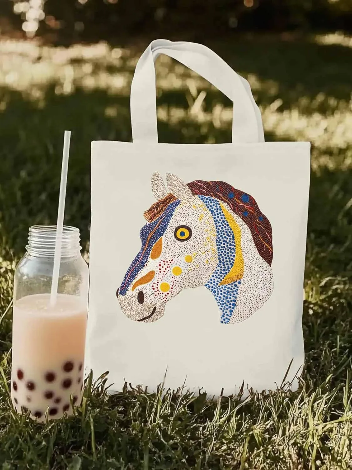 Canvas Tote Bag, Boho Geometric Horse Print patterned Canvas Tote Handbags for Women Shoulder Bag,