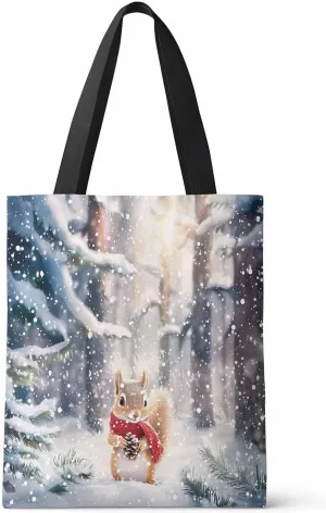 Canvas Tote Bag Christmas Winter Pine Forest Cute Squirrel Snowfall Reusable Grocery Shopping Bags Shoulder Bag for Gym Work