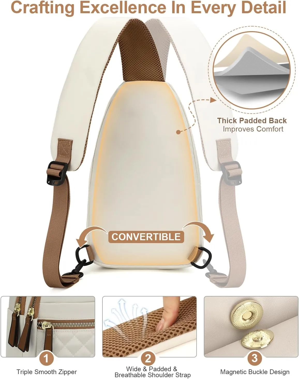 Capolo Sling Bag for Women Men Waterproof Crossbody Bags for Women Trendy Casual Fanny Pack with Convertible Shoulder Strap Chest Bag for Travel Hiking(Beige, Medium)