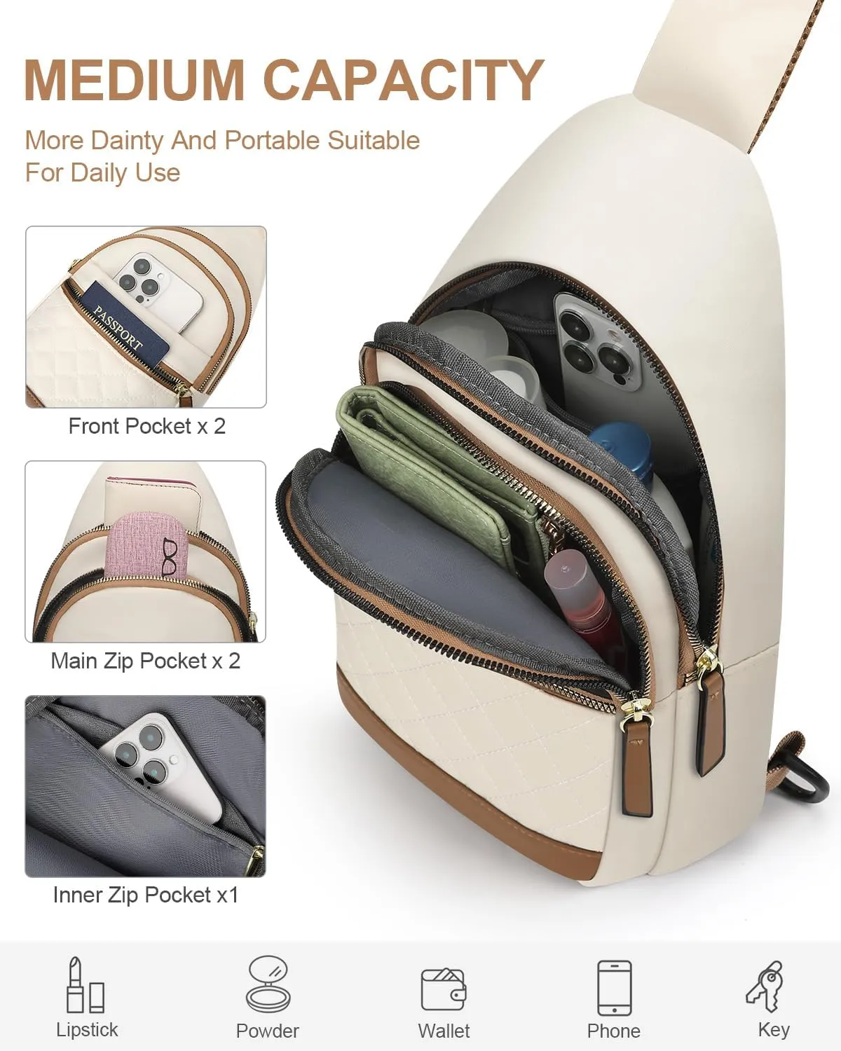 Capolo Sling Bag for Women Men Waterproof Crossbody Bags for Women Trendy Casual Fanny Pack with Convertible Shoulder Strap Chest Bag for Travel Hiking(Beige, Medium)