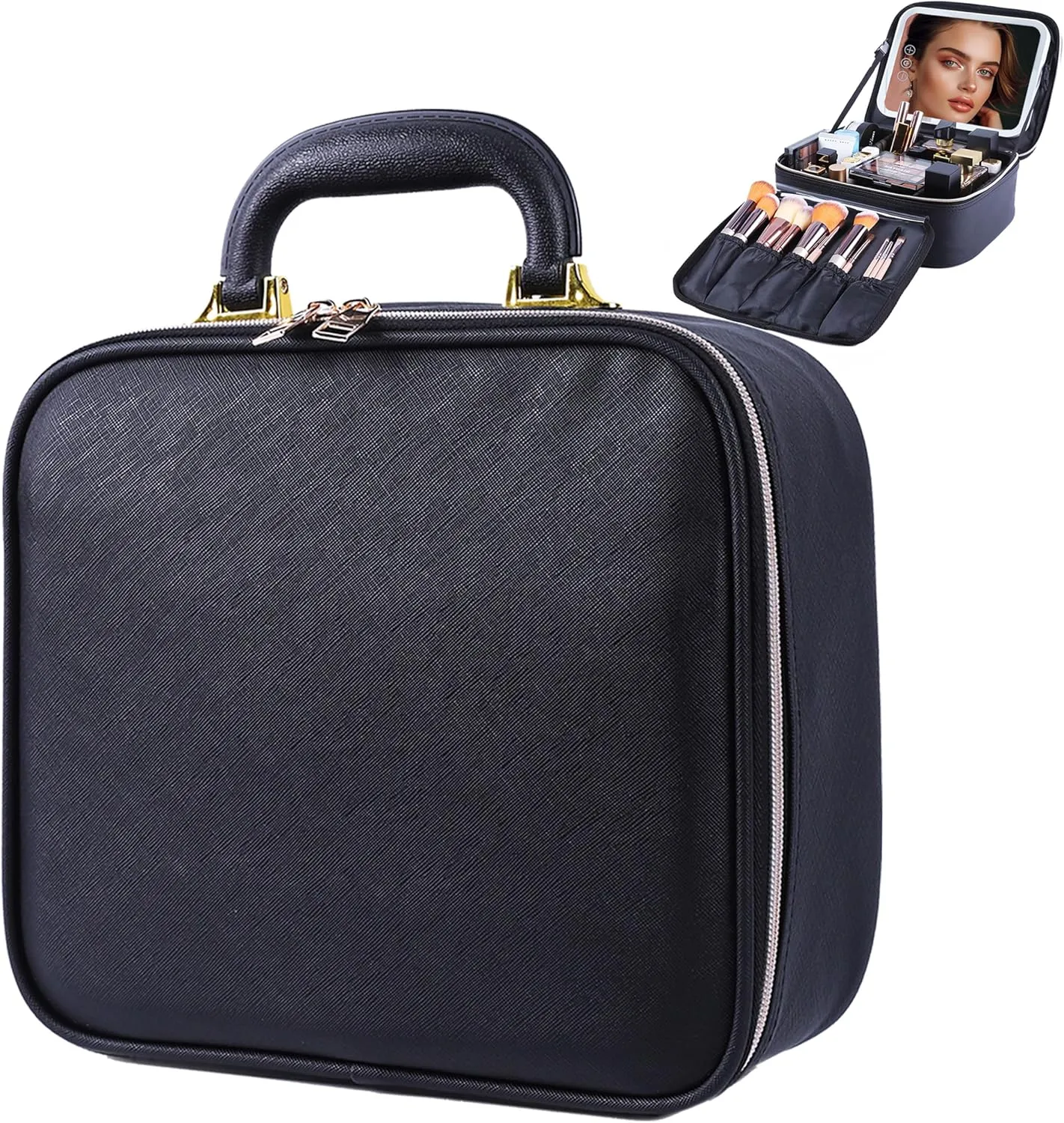 CapsLock Makeup bag with Mirror, LED Light, 3 Adjustable Brightness Levels, Cosmetic Bag with Handle, Portable Storage, Adjustable Partition, Waterproof, Monogrammed Gift Makeup Bag for Women