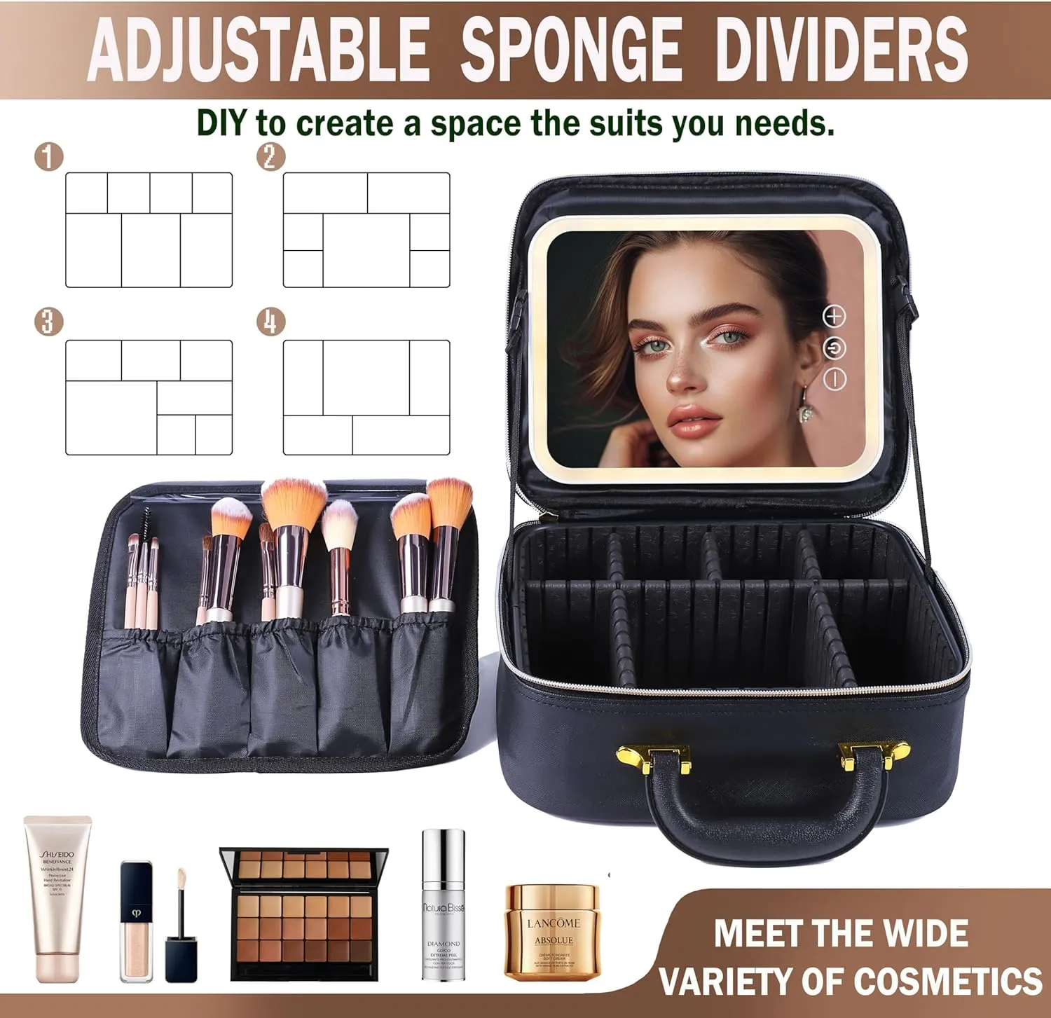 CapsLock Makeup bag with Mirror, LED Light, 3 Adjustable Brightness Levels, Cosmetic Bag with Handle, Portable Storage, Adjustable Partition, Waterproof, Monogrammed Gift Makeup Bag for Women