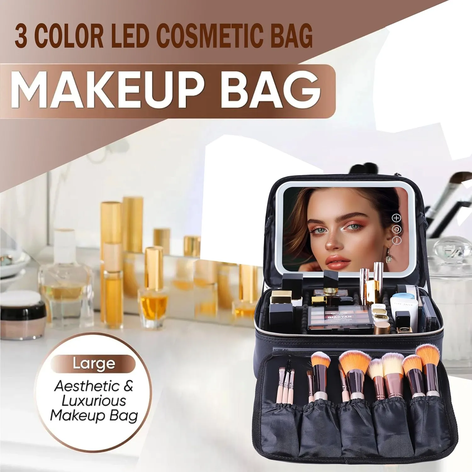 CapsLock Makeup bag with Mirror, LED Light, 3 Adjustable Brightness Levels, Cosmetic Bag with Handle, Portable Storage, Adjustable Partition, Waterproof, Monogrammed Gift Makeup Bag for Women