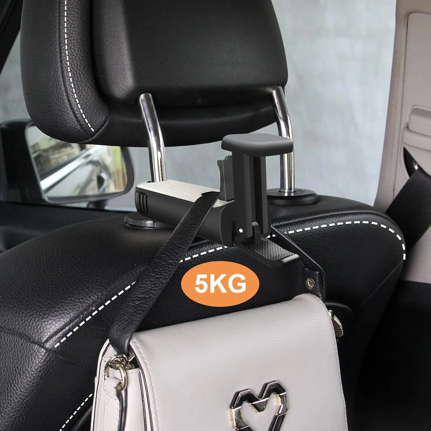 Car Headrest Hooks, 2 in 1 with Phone Holder, 360 Rotation for Purses, Bags & Groceries (Silver - 2PCS)