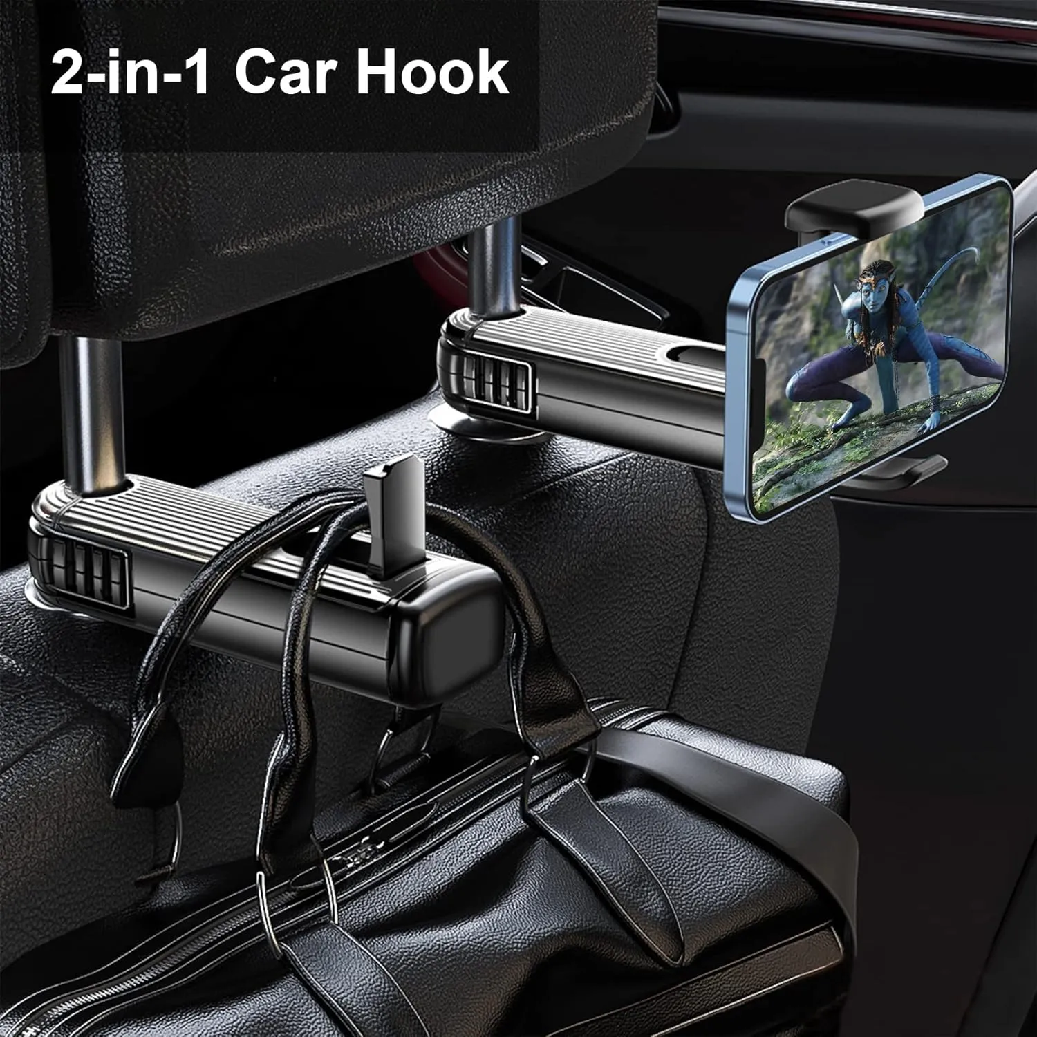 Car Headrest Hooks, 2 in 1 with Phone Holder, 360 Rotation for Purses, Bags & Groceries (Silver - 2PCS)
