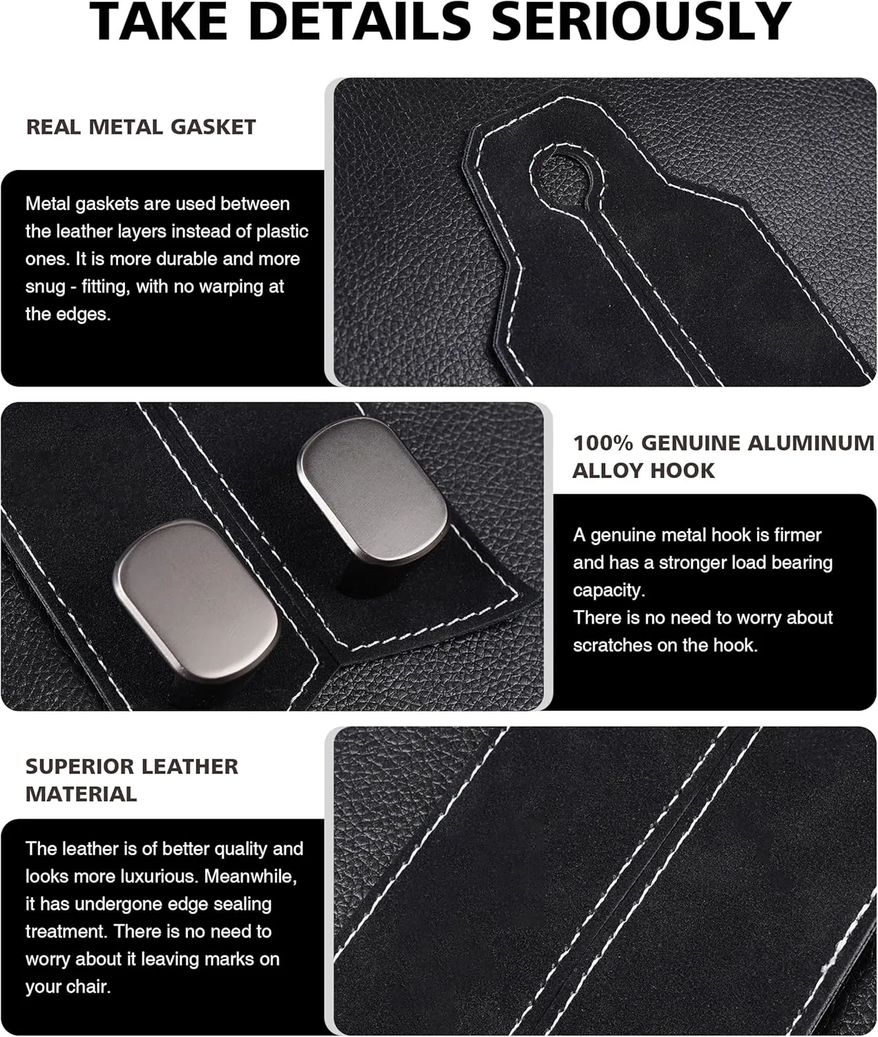 Car Purse Hooks - 4pcs Premium Leather & Metal Headrest Hangers for Bags, Purses, Phones (Black)
