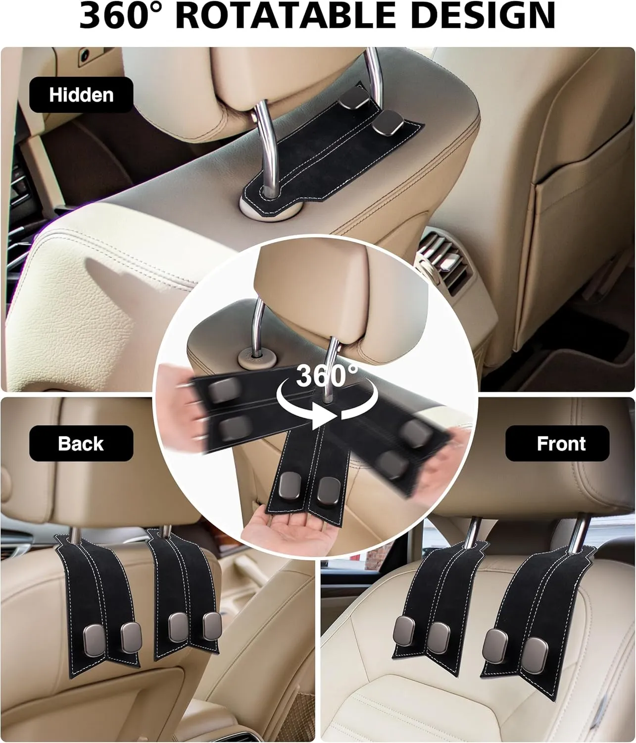 Car Purse Hooks - 4pcs Premium Leather & Metal Headrest Hangers for Bags, Purses, Phones (Black)