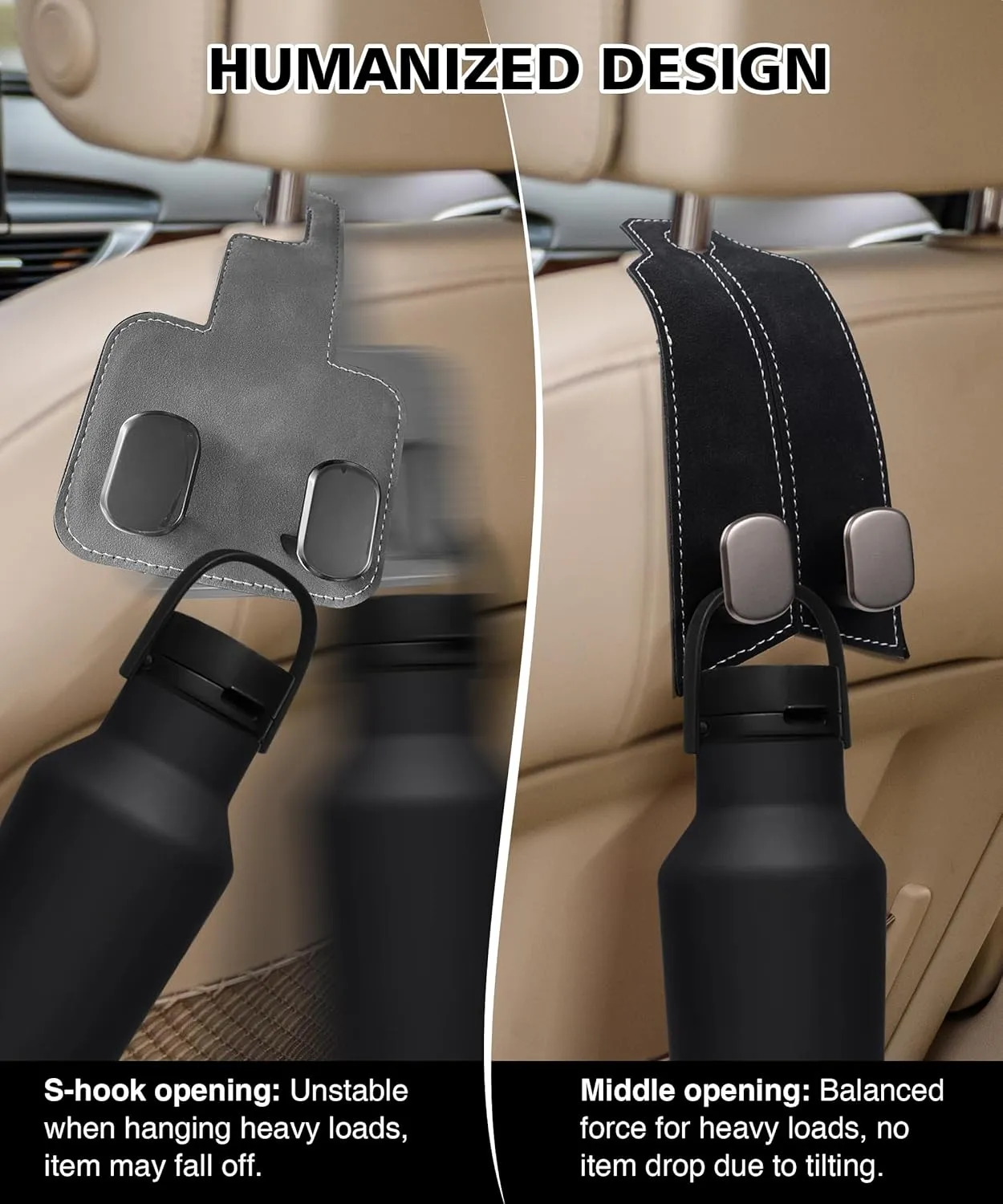 Car Purse Hooks - 4pcs Premium Leather & Metal Headrest Hangers for Bags, Purses, Phones (Black)