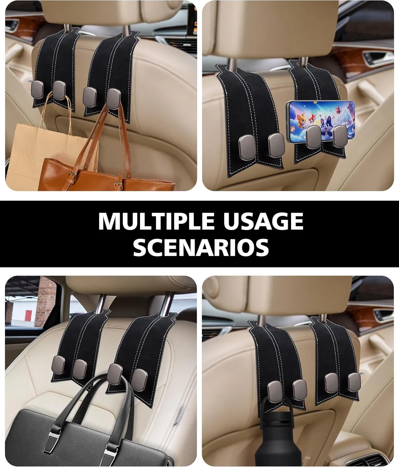 Car Purse Hooks - 4pcs Premium Leather & Metal Headrest Hangers for Bags, Purses, Phones (Black)