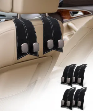 Car Purse Hooks - 4pcs Premium Leather & Metal Headrest Hangers for Bags, Purses, Phones (Black)