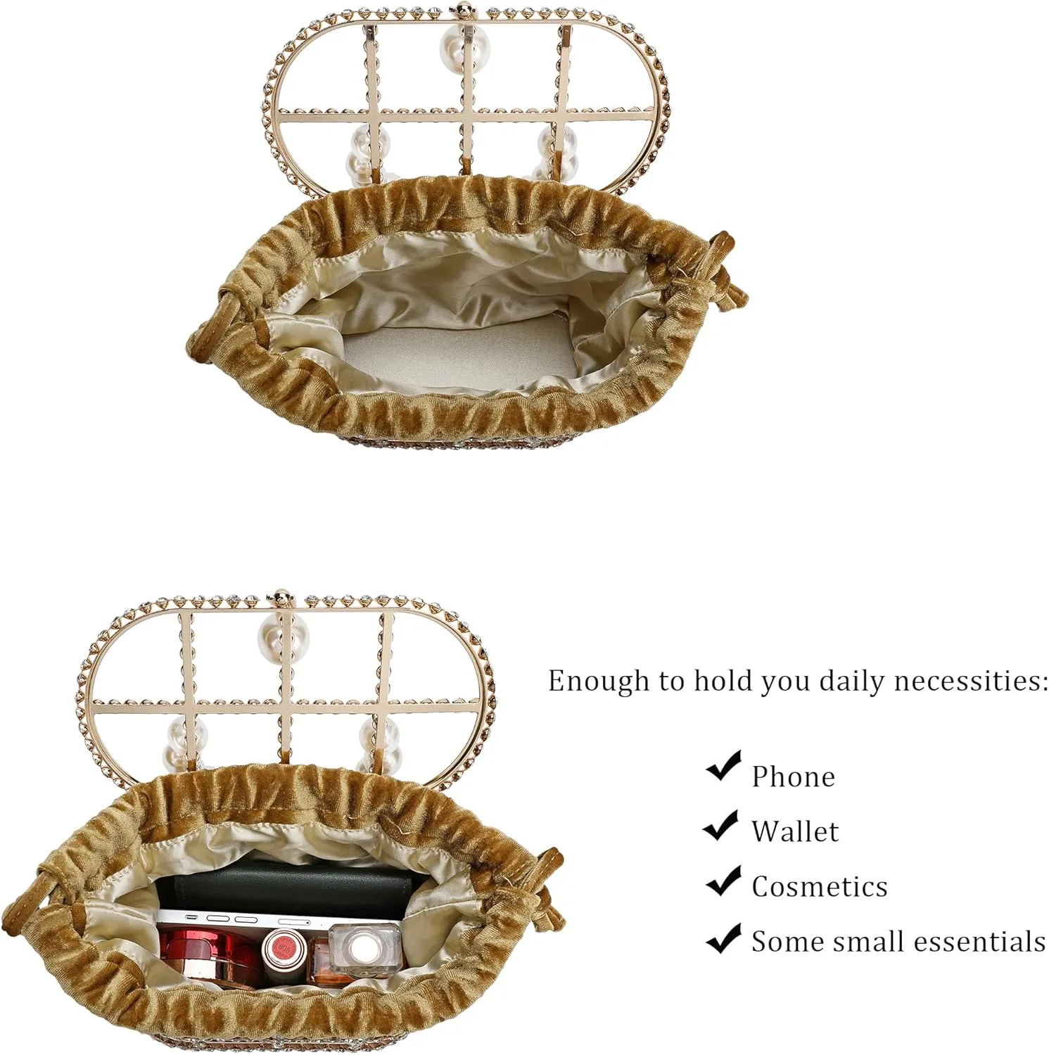 CARIEDO Evening Handbag Women Clutch Purses with Pearl Diamonds for Wedding Prom Birthday Party Dinner Accessories