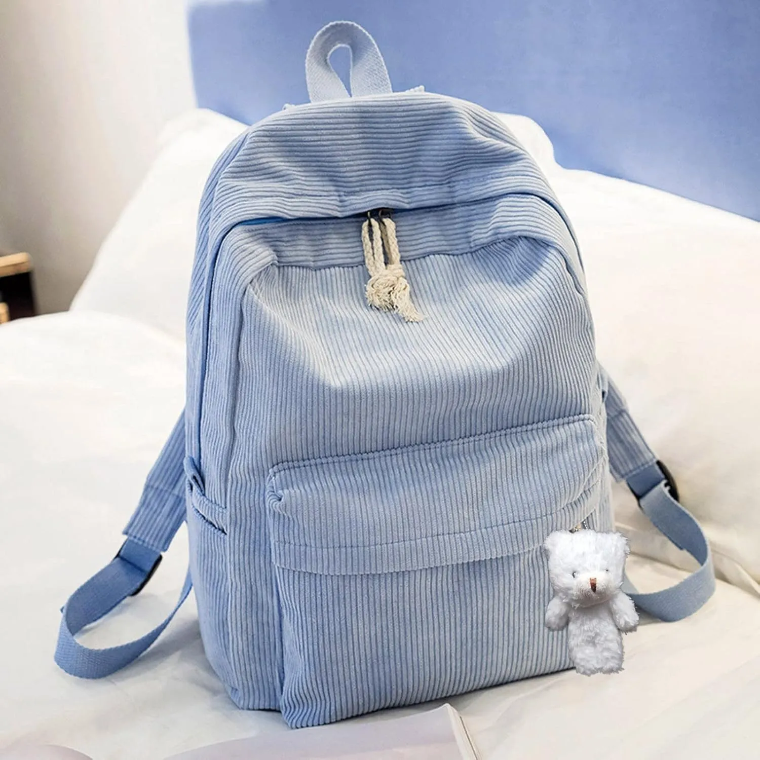 Casual Shoulder Corduroy Backpack Student Fashion Bag Womens Bag Youth Simple Hiking Backpack for (Light Blue, One Size)