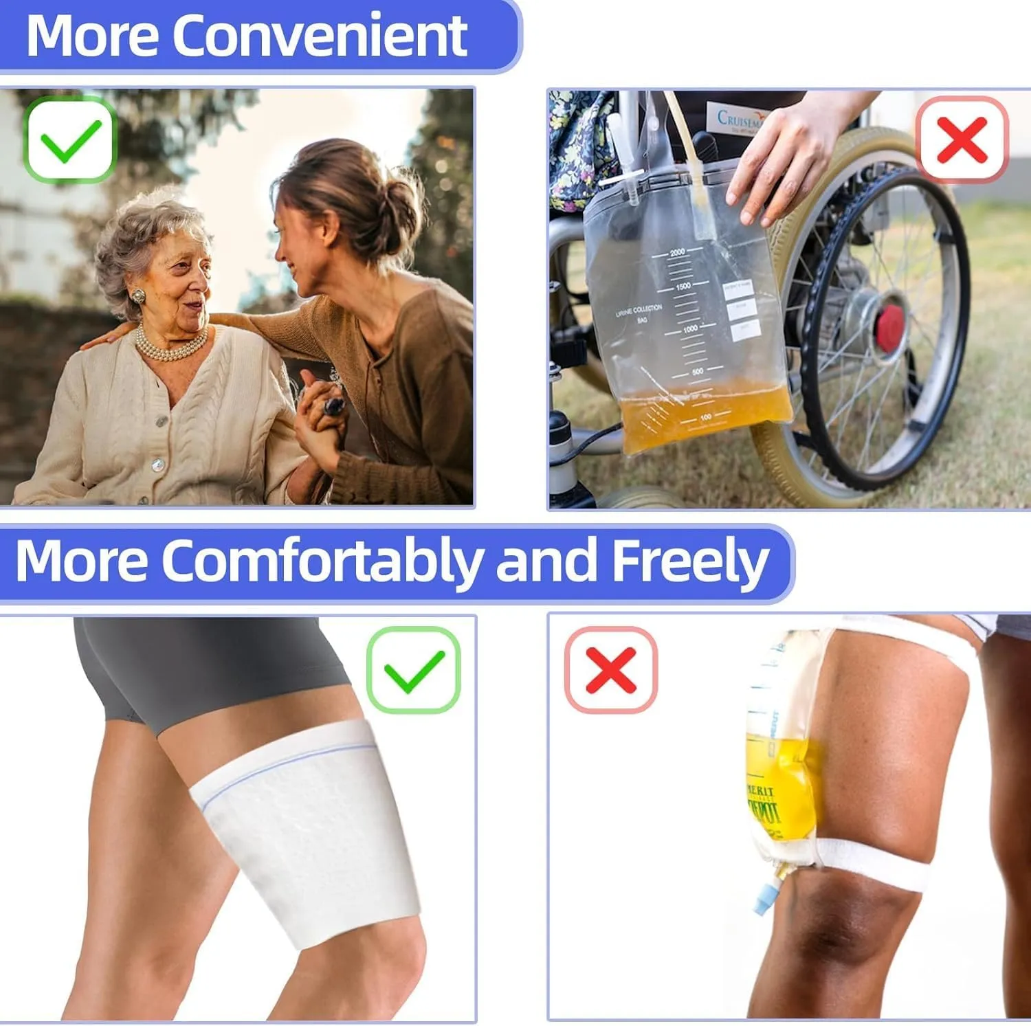 Catheter Leg Bag Holder 2 Count- Fabric Urine Bag Sleeves, Secure Drainage, Adjustable Straps for Men, Women, and Wheelchair Users (S)