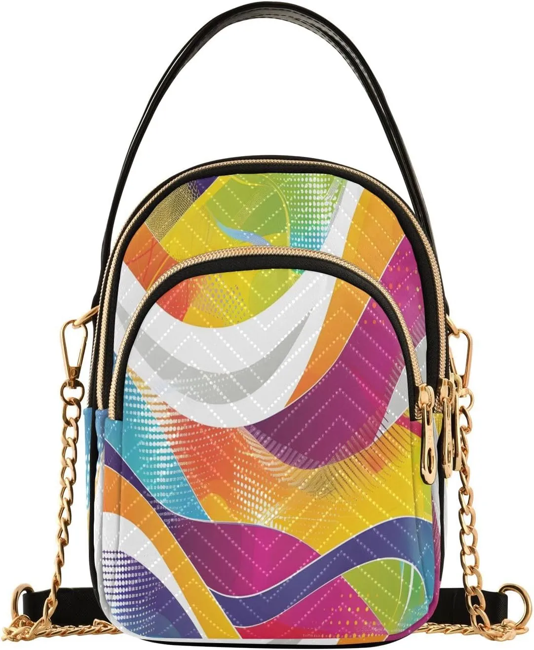 Chain Crossbody Bags for Women Abstract Geometric Colorful Wave Quilted Shoulder Handbags Travel Cross Body Cell Phone Purses Bags