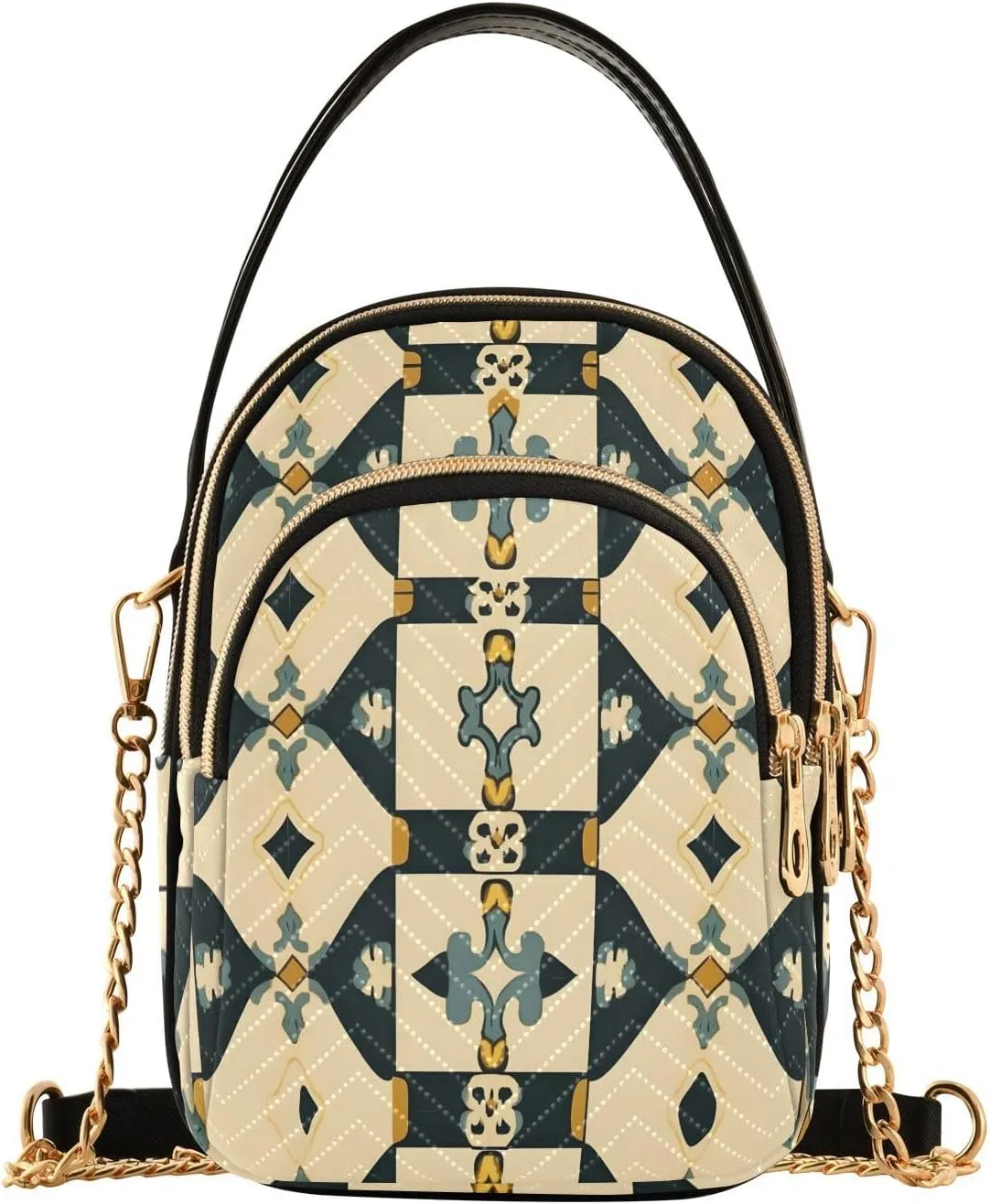 Chain Crossbody Bags for Women Geometric Dark Blue Pattern Beige Quilted Shoulder Handbags Travel Cross Body Cell Phone Purses Bags