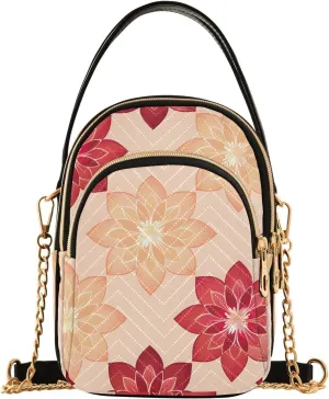 Chain Crossbody Bags for Women Geometric Flowers Peach Pattern Quilted Shoulder Handbags Travel Cross Body Cell Phone Purses Bags