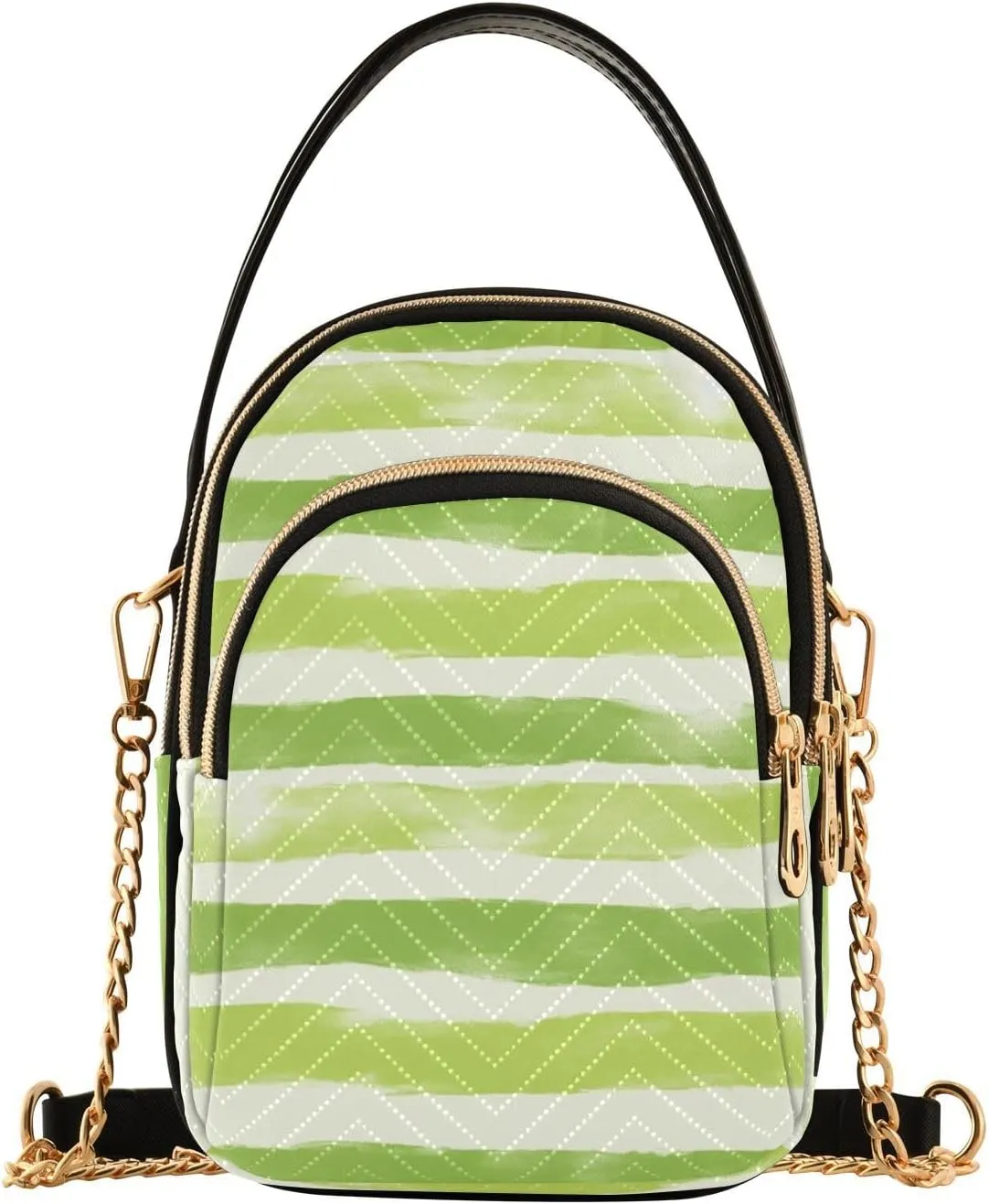 Chain Crossbody Bags for Women Geometric Green White Stripe Quilted Shoulder Handbags Travel Cross Body Cell Phone Purses Bags