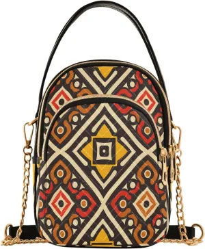 Chain Crossbody Bags for Women Geometric Tribal Pattern Yellow Brown Quilted Shoulder Handbags Travel Cross Body Cell Phone Purses Bags