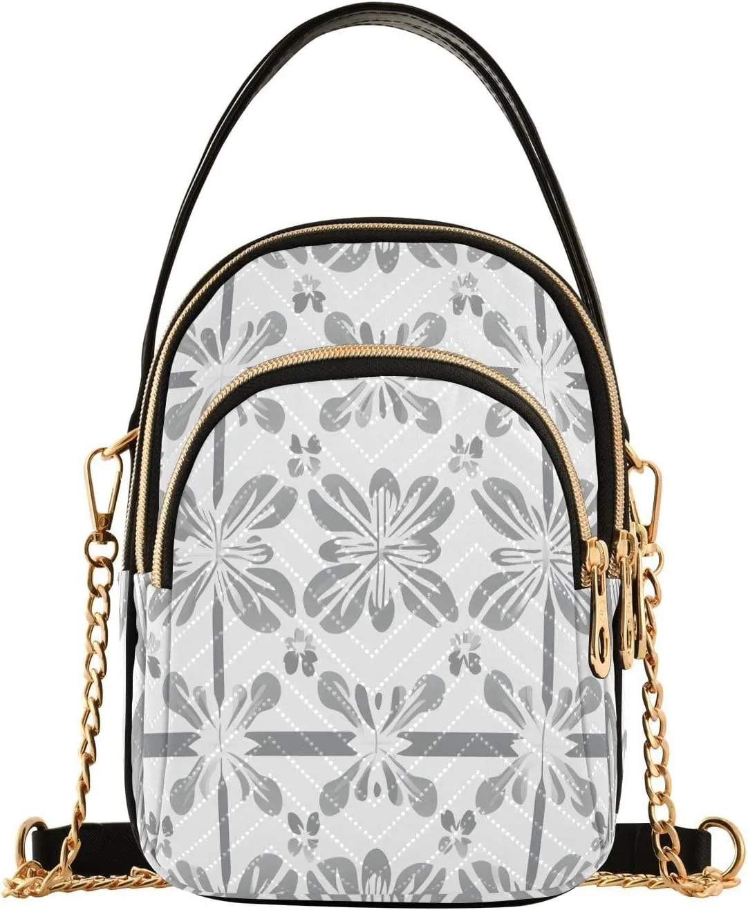Chain Crossbody Bags for Women Grey White Geometric Pattern Quilted Shoulder Handbags Travel Cross Body Cell Phone Purses Bags