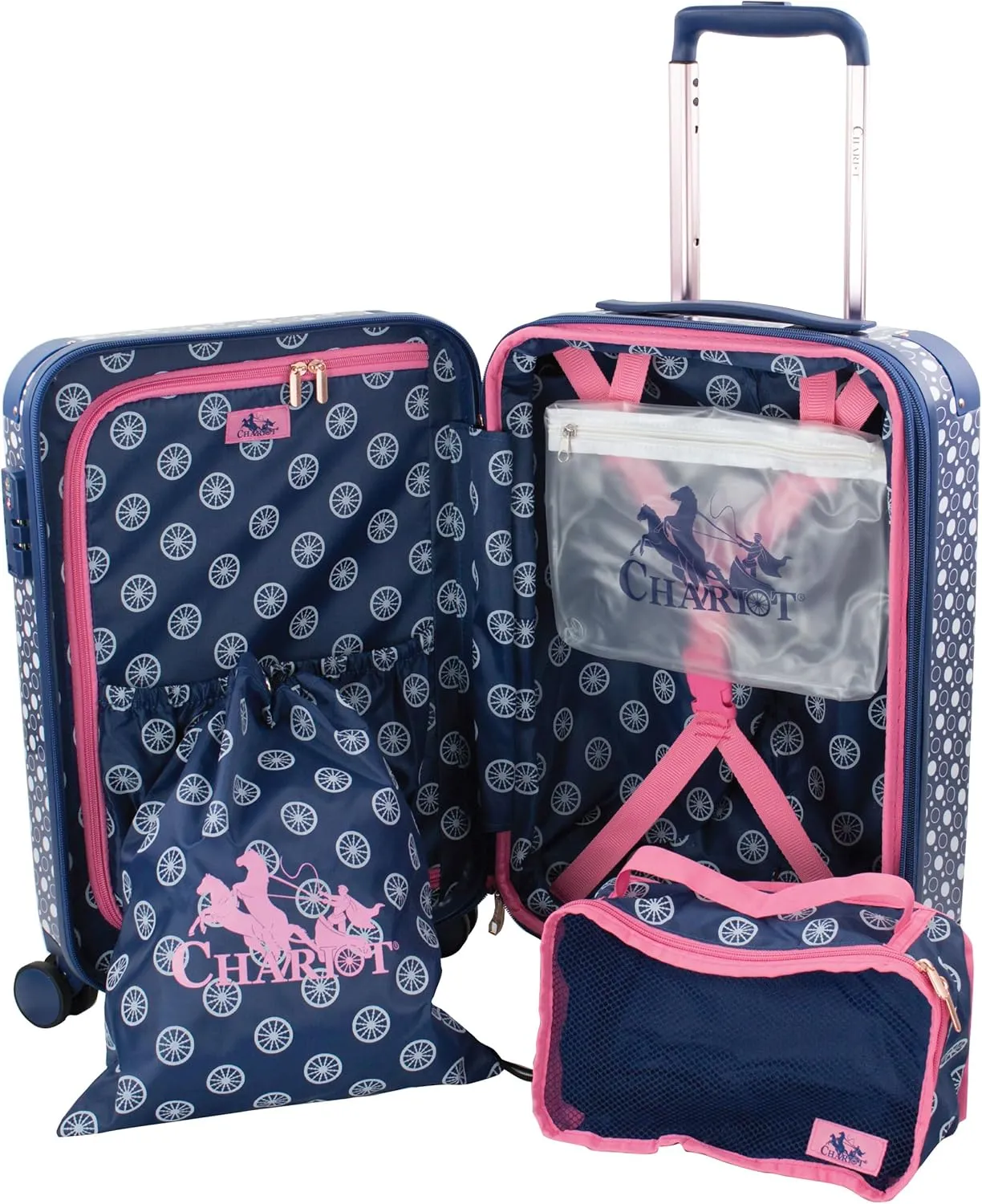 Chariot Women's Luggage 20-Inch Carry-On, Matching Cosmetic Case, and 2 Travel Accessory Bags, Dotty, 4-Piece Set