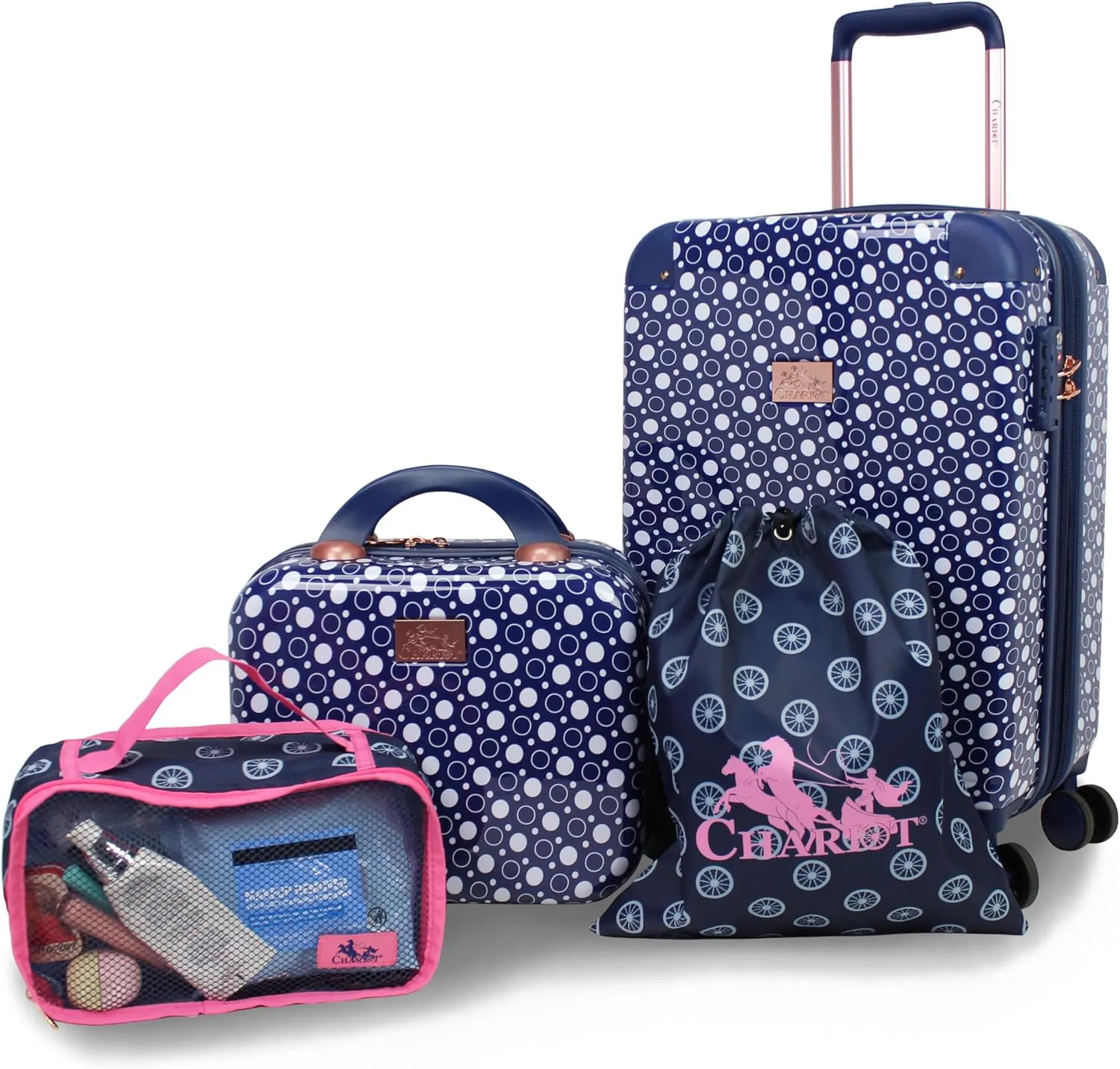 Chariot Women's Luggage 20-Inch Carry-On, Matching Cosmetic Case, and 2 Travel Accessory Bags, Dotty, 4-Piece Set