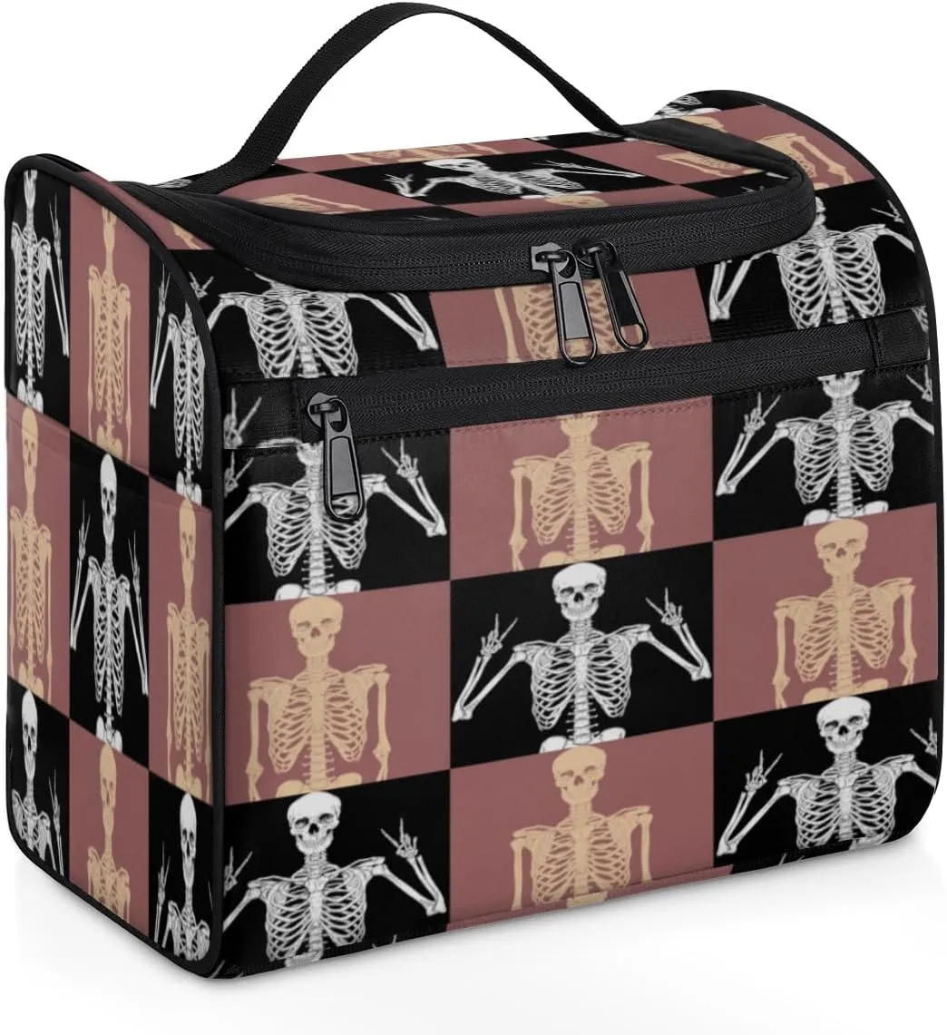 Checkered Skeleton Toiletry Bag Hanging Travel Organizer for Men and Women Scarry Makeup Cosmetic Case for Toiletries Accessories Water-resistant Bathroom Dopp Kit Shaving Bag