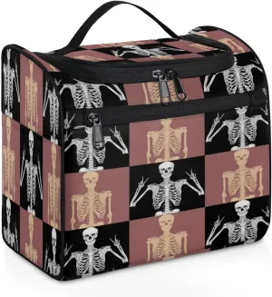 Checkered Skeleton Toiletry Bag Hanging Travel Organizer for Men and Women Scarry Makeup Cosmetic Case for Toiletries Accessories Water-resistant Bathroom Dopp Kit Shaving Bag