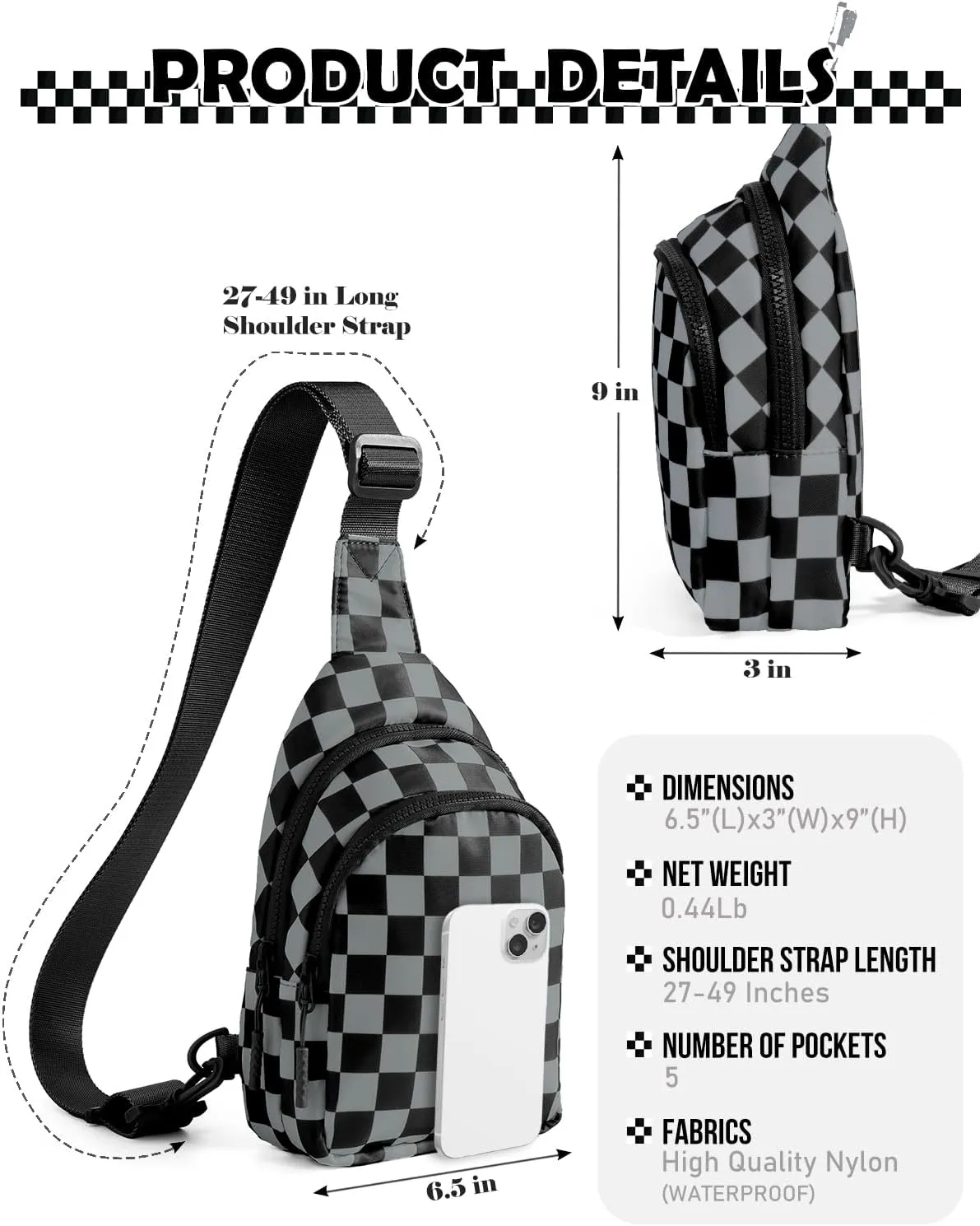 Checkered Sling Bag for Women Small Backpack Crossbody Chest Bag Fanny Packs Purses (Checkered Sling Bag - Black Grey)