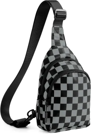 Checkered Sling Bag for Women Small Backpack Crossbody Chest Bag Fanny Packs Purses (Checkered Sling Bag - Black Grey)