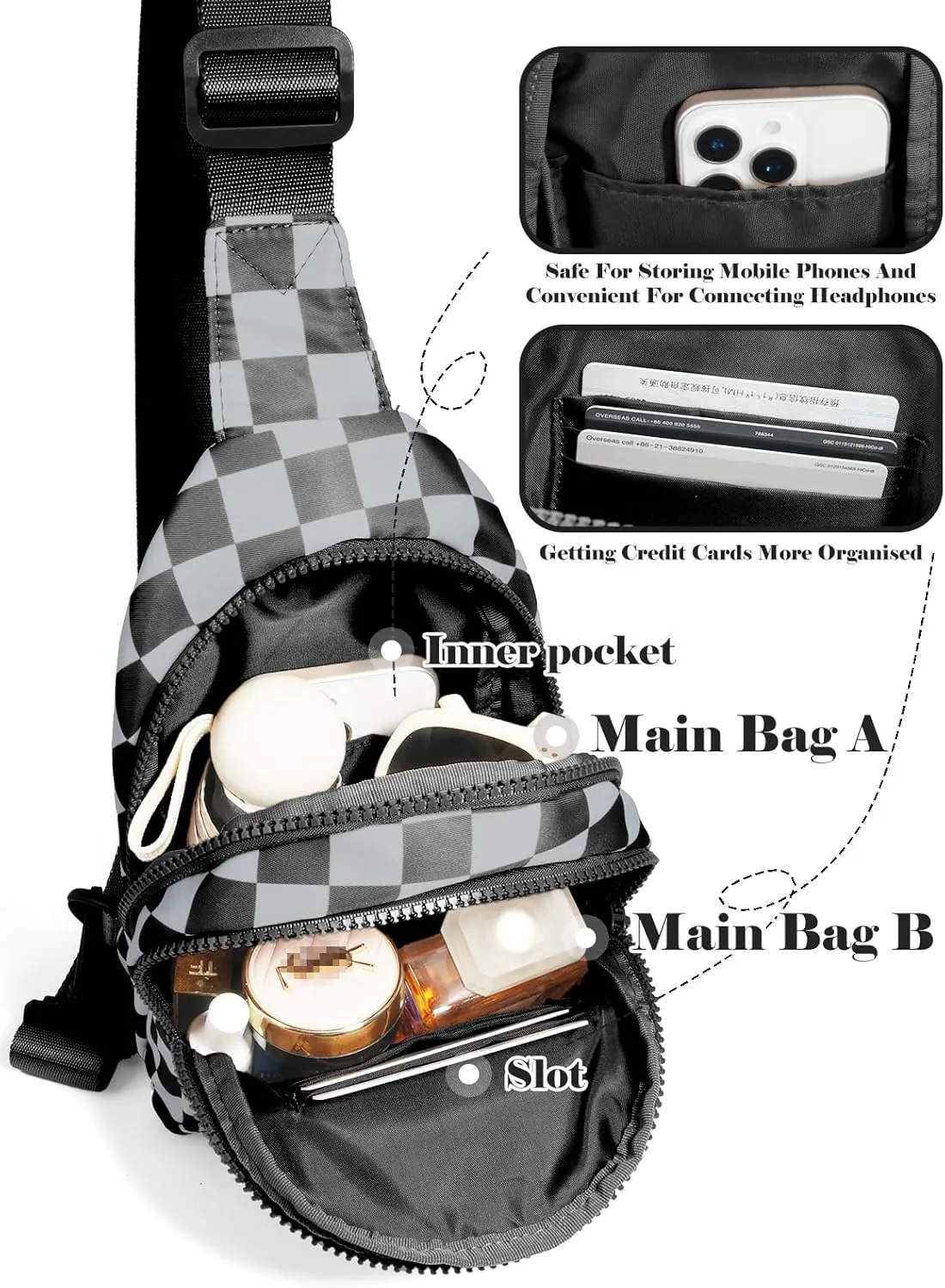 Checkered Sling Bag for Women Small Backpack Crossbody Chest Bag Fanny Packs Purses (Checkered Sling Bag - Black Grey)