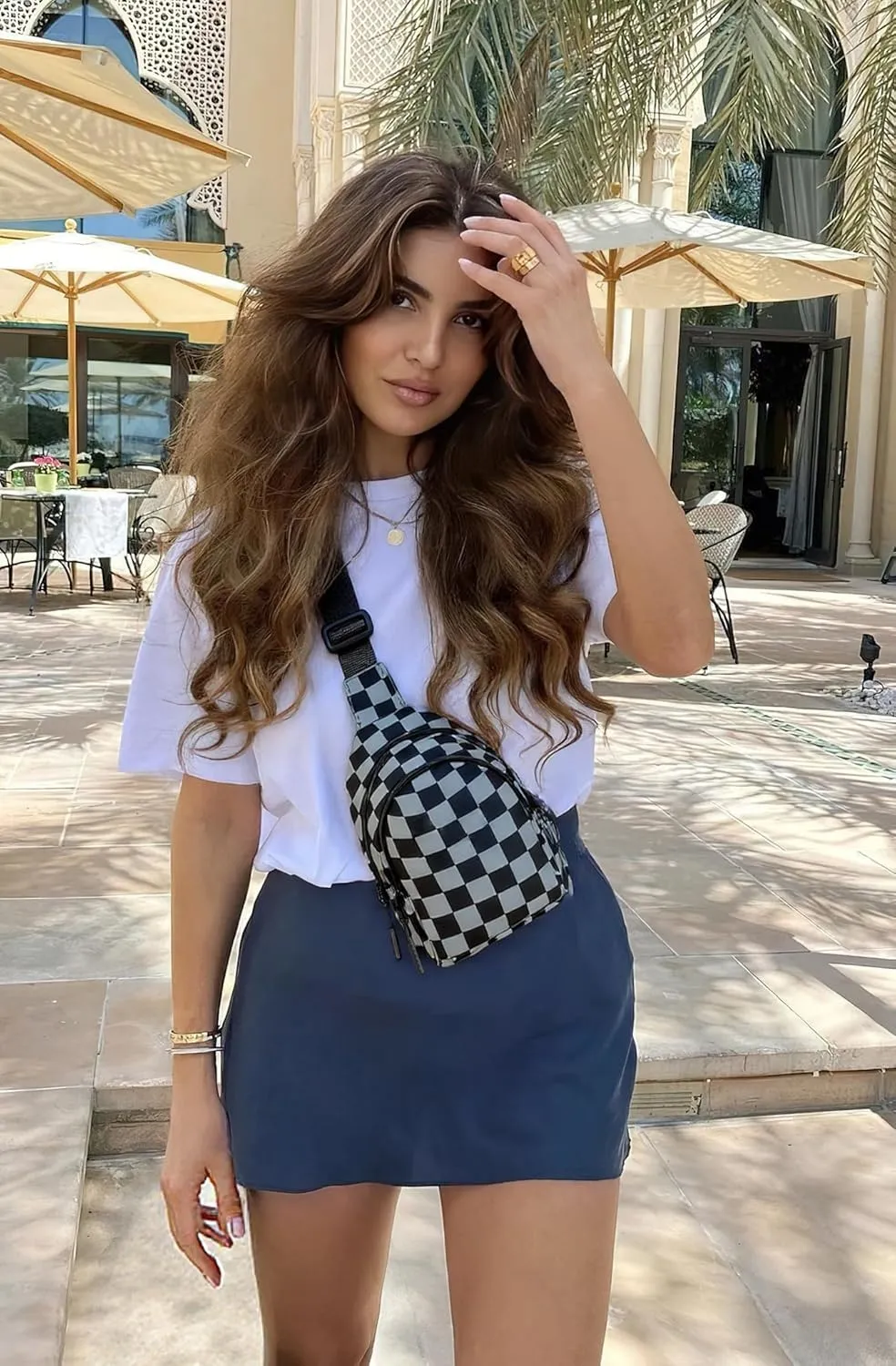 Checkered Sling Bag for Women Small Backpack Crossbody Chest Bag Fanny Packs Purses (Checkered Sling Bag - Black Grey)