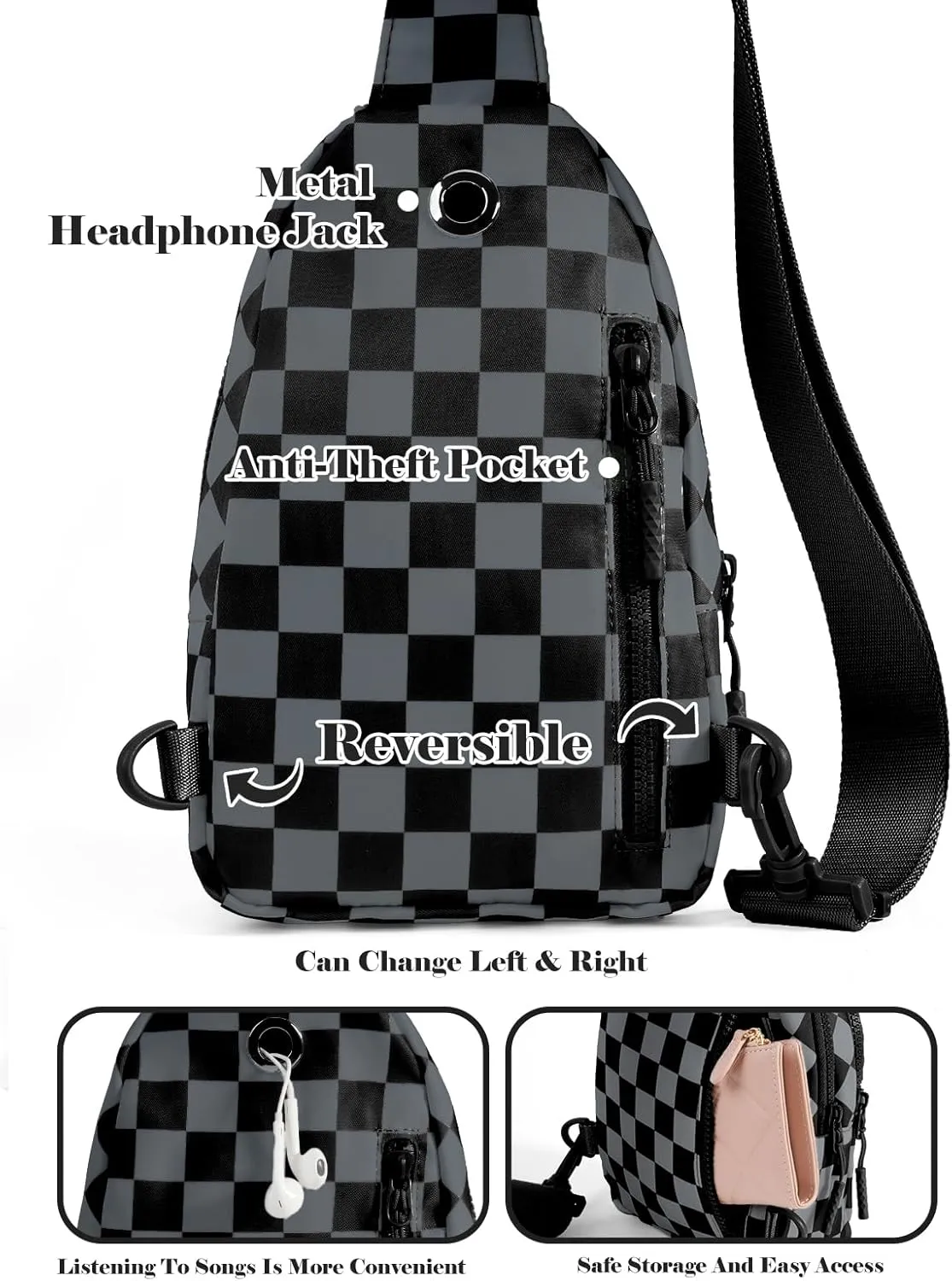 Checkered Sling Bag for Women Small Backpack Crossbody Chest Bag Fanny Packs Purses (Checkered Sling Bag - Black Grey)