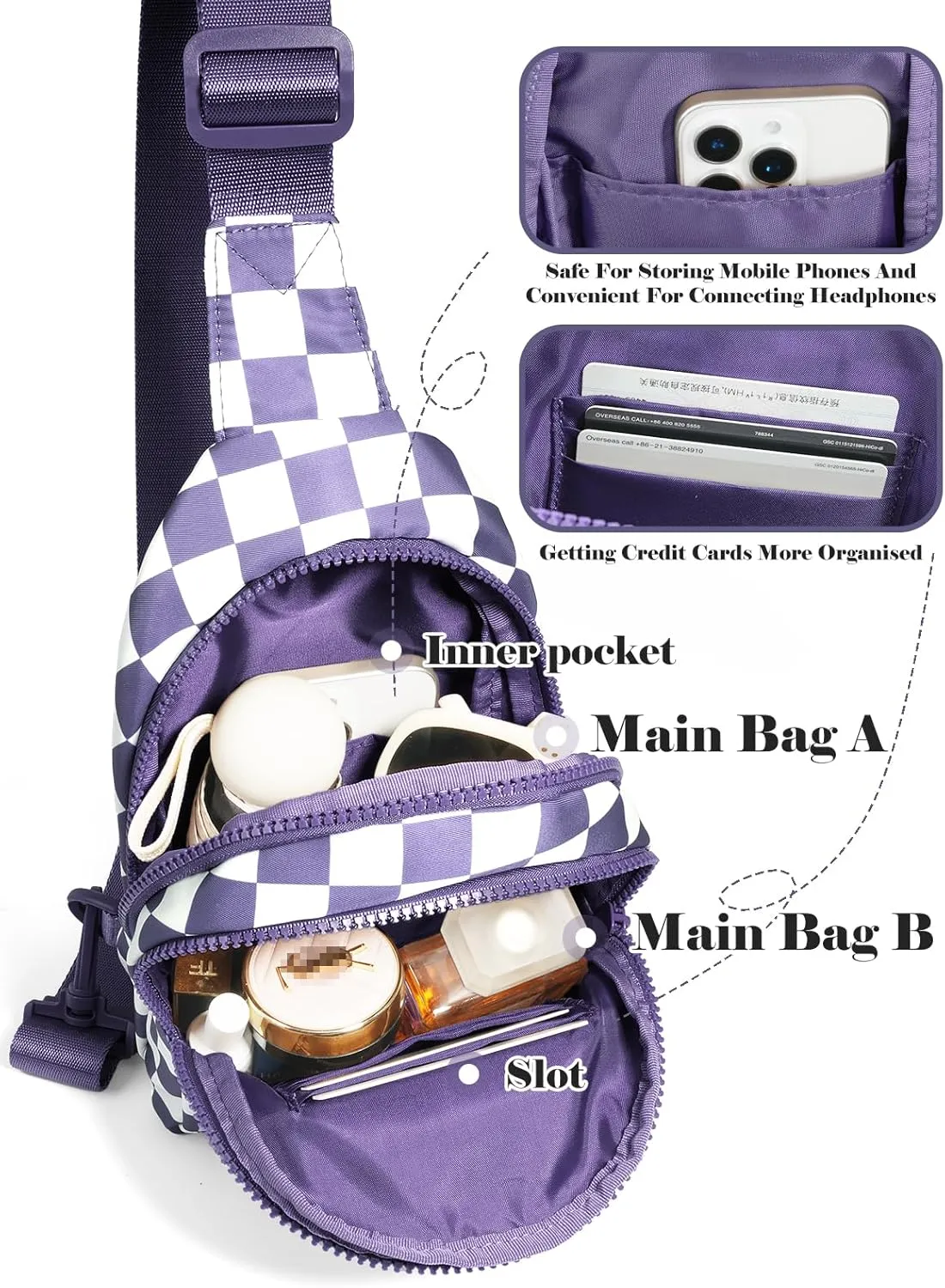 Checkered Sling Bag for Women Small Backpack Crossbody Chest Bag Fanny Packs Purses (Checkered Sling Bag - Cloudy Purple)