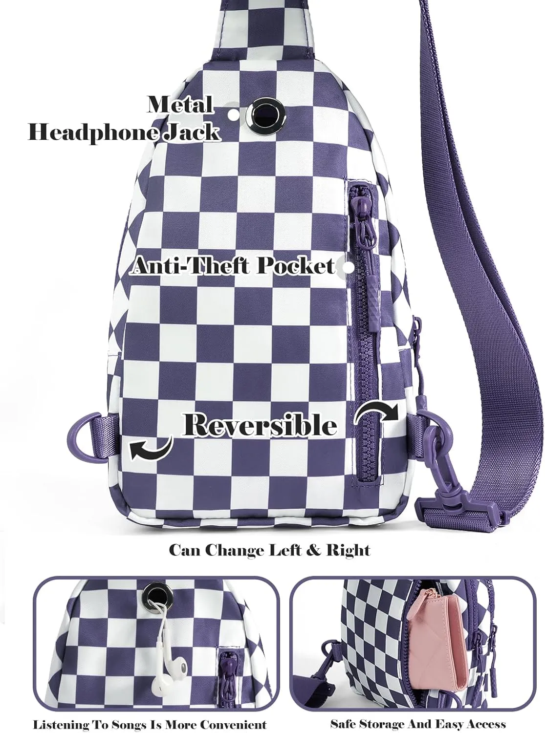 Checkered Sling Bag for Women Small Backpack Crossbody Chest Bag Fanny Packs Purses (Checkered Sling Bag - Cloudy Purple)