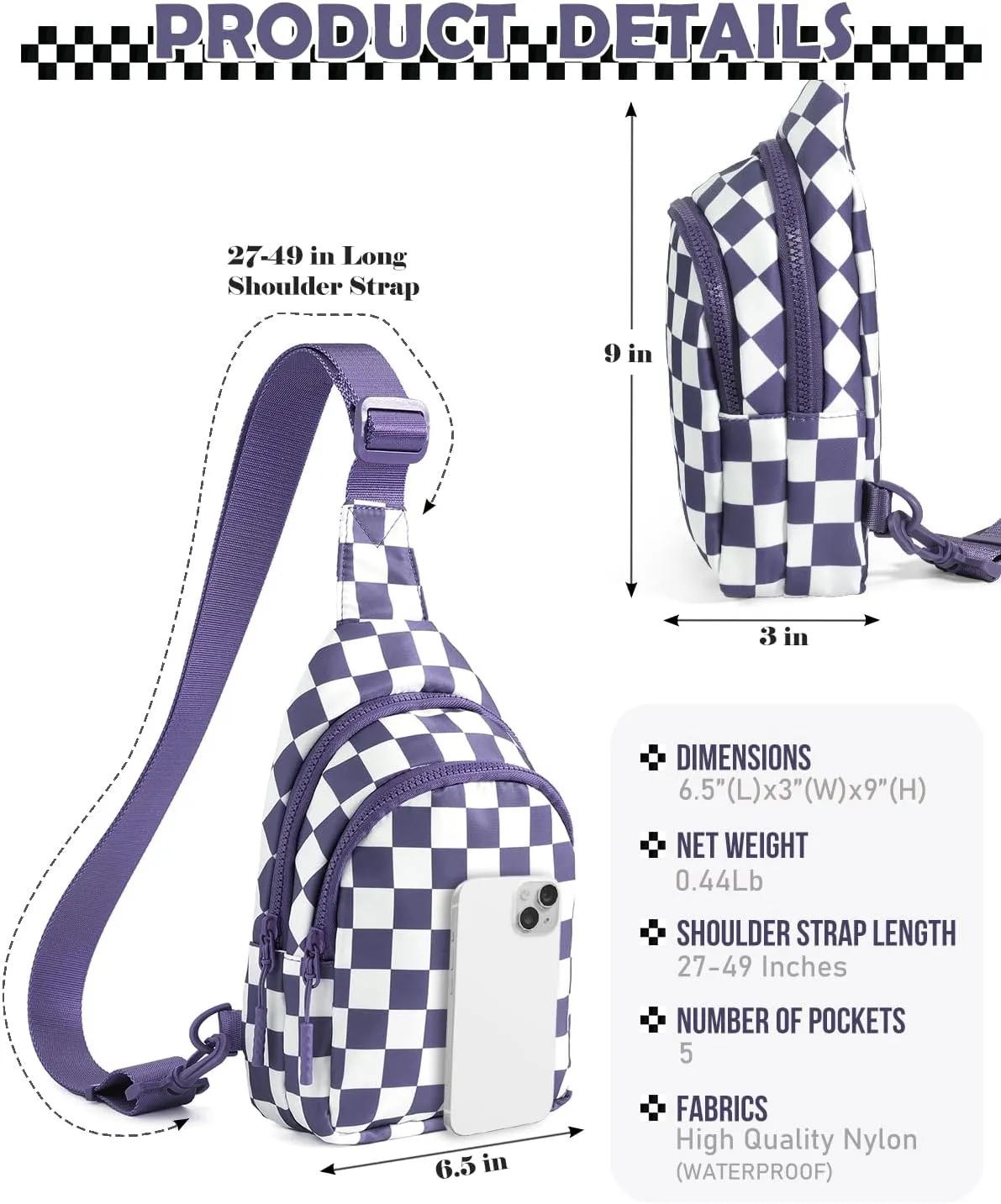 Checkered Sling Bag for Women Small Backpack Crossbody Chest Bag Fanny Packs Purses (Checkered Sling Bag - Cloudy Purple)