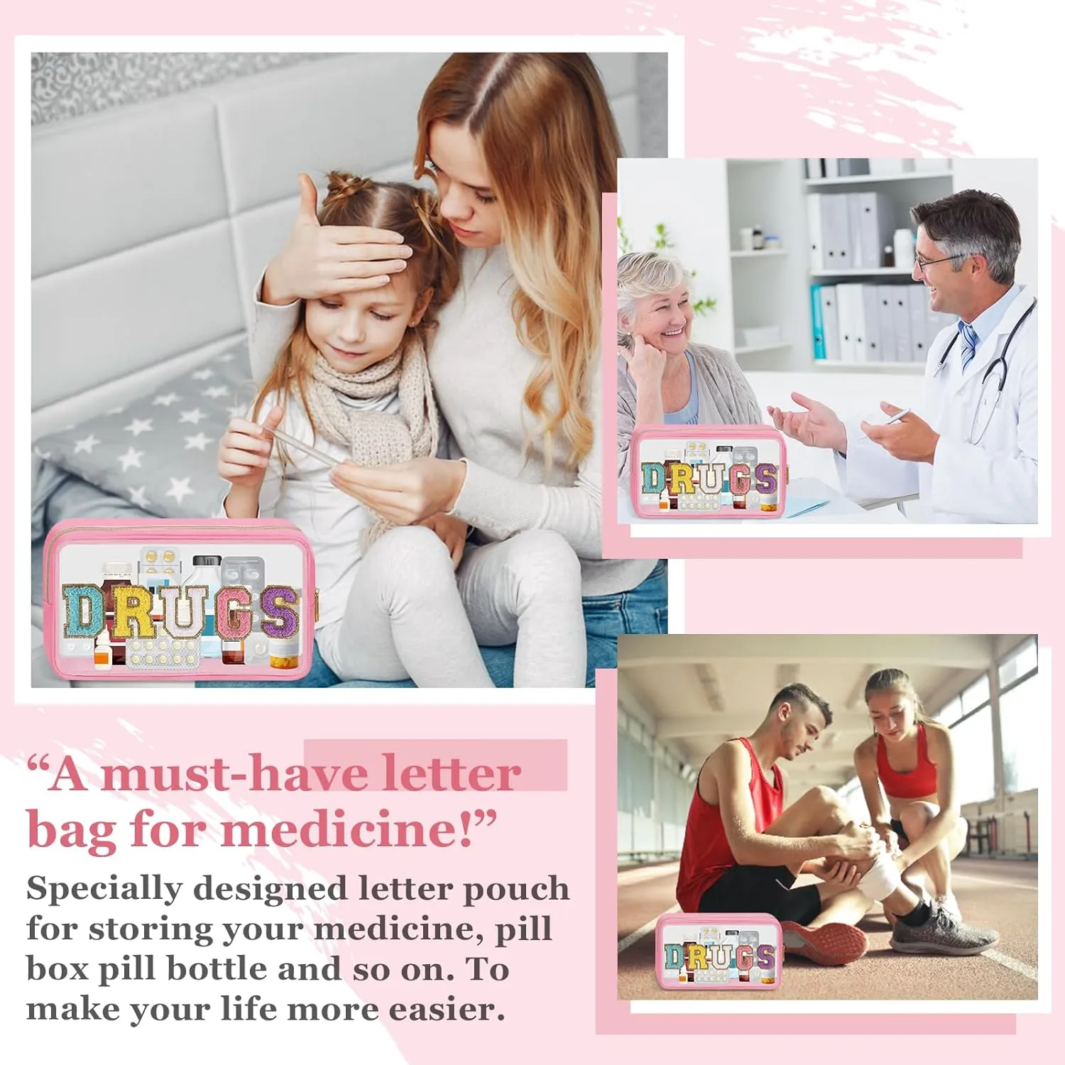 Chenille Letter Bag Clear MEDS Makeup Pouch, Waterproof Portable Medicine Bag for Traveling Preppy Small Meds Bag Zipper Pouch, Nylon Cute Drugs Medicine Organizer Bag for Patient Nurse(DRUGS-Pink)