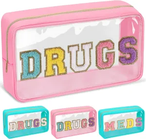 Chenille Letter Bag Clear MEDS Makeup Pouch, Waterproof Portable Medicine Bag for Traveling Preppy Small Meds Bag Zipper Pouch, Nylon Cute Drugs Medicine Organizer Bag for Patient Nurse(DRUGS-Pink)