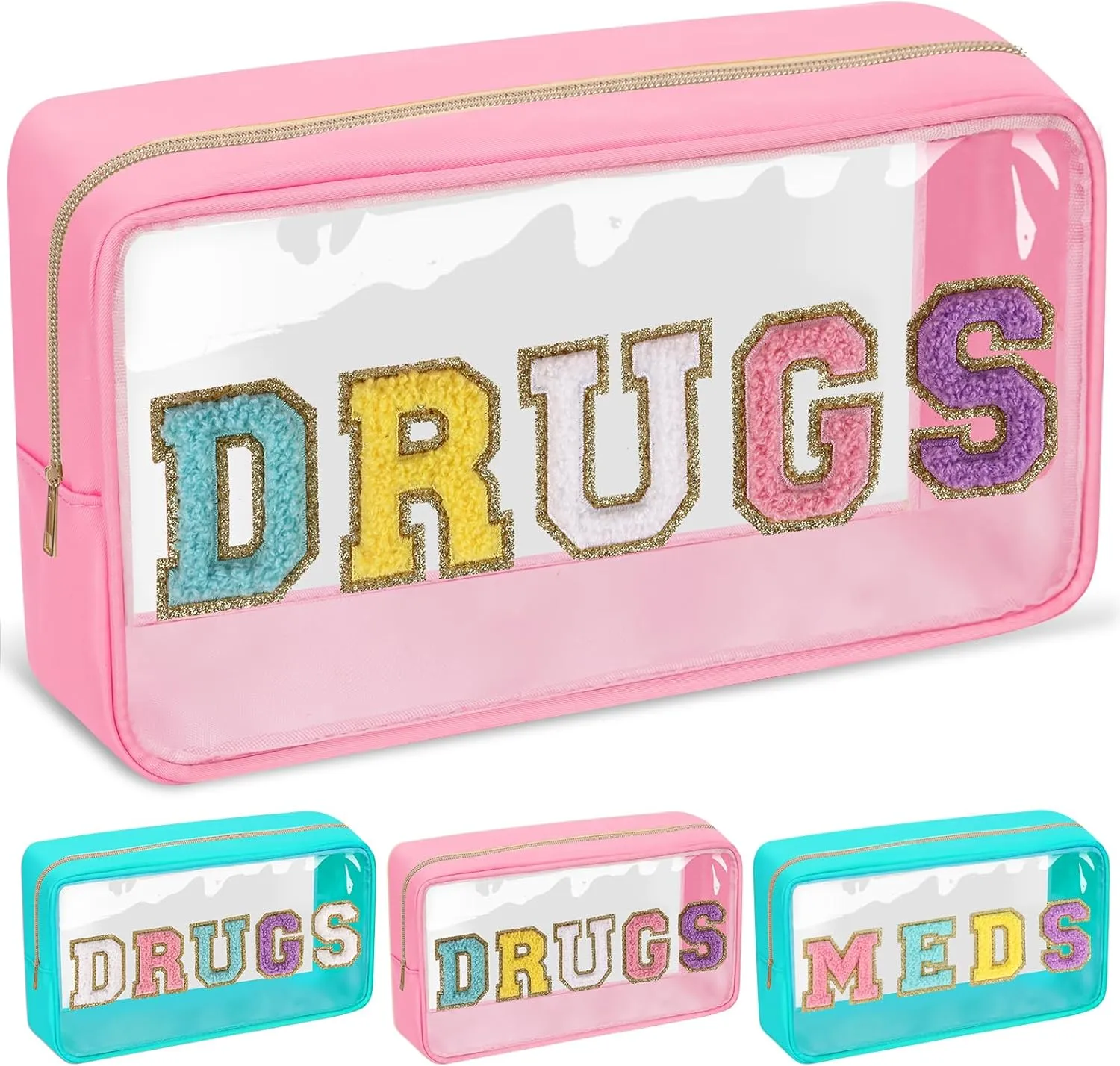Chenille Letter Bag Clear MEDS Makeup Pouch, Waterproof Portable Medicine Bag for Traveling Preppy Small Meds Bag Zipper Pouch, Nylon Cute Drugs Medicine Organizer Bag for Patient Nurse(DRUGS-Pink)