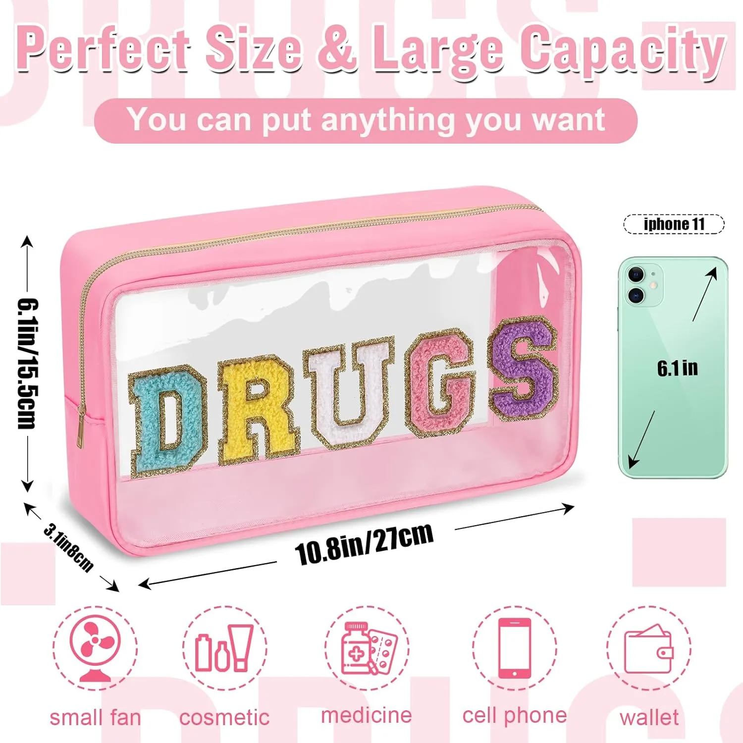 Chenille Letter Bag Clear MEDS Makeup Pouch, Waterproof Portable Medicine Bag for Traveling Preppy Small Meds Bag Zipper Pouch, Nylon Cute Drugs Medicine Organizer Bag for Patient Nurse(DRUGS-Pink)