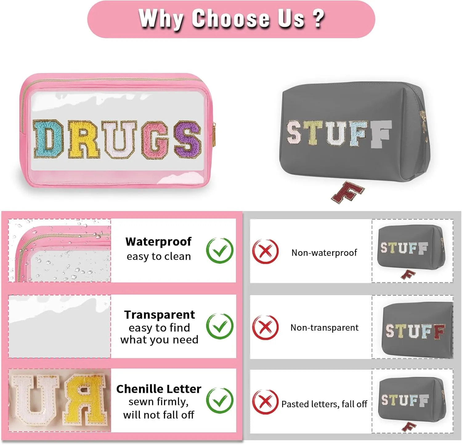 Chenille Letter Bag Clear MEDS Makeup Pouch, Waterproof Portable Medicine Bag for Traveling Preppy Small Meds Bag Zipper Pouch, Nylon Cute Drugs Medicine Organizer Bag for Patient Nurse(DRUGS-Pink)