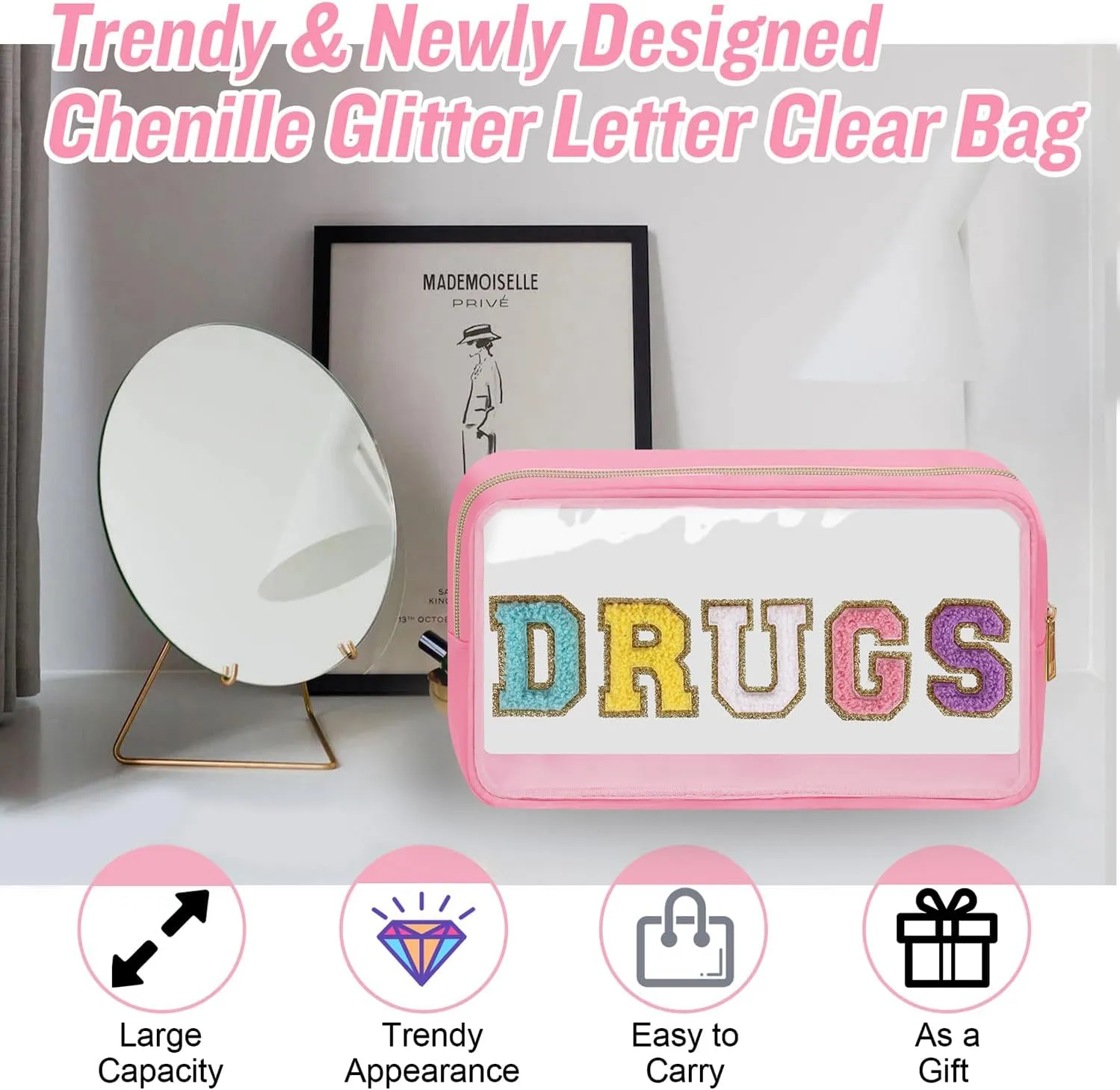 Chenille Letter Bag Clear MEDS Makeup Pouch, Waterproof Portable Medicine Bag for Traveling Preppy Small Meds Bag Zipper Pouch, Nylon Cute Drugs Medicine Organizer Bag for Patient Nurse(DRUGS-Pink)