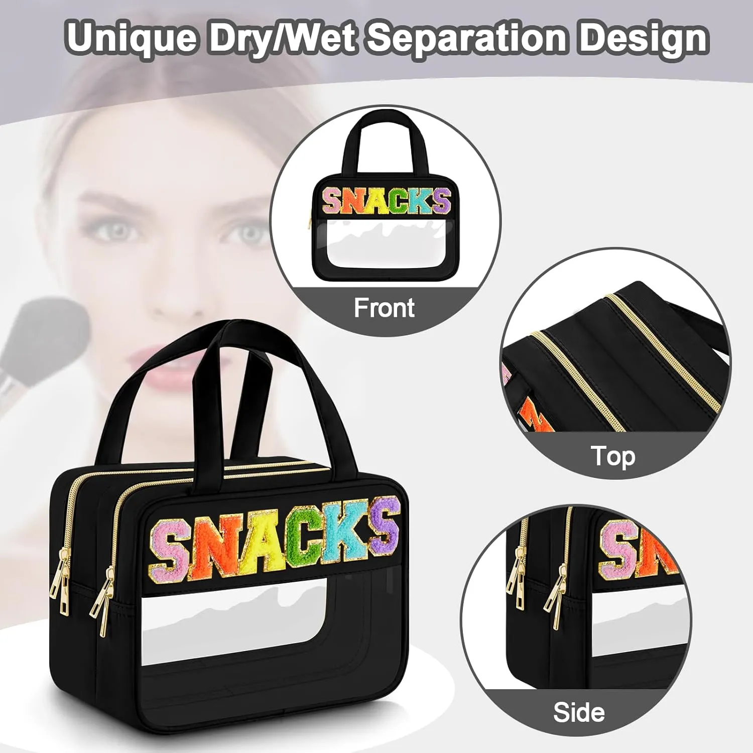 Chenille Letter Clear Makeup Bag, Preppy Cosmetic Bag Clear Snack Bags with Zipper, Stuff Bag Waterproof Sunscreen Bag Travel Toiletry Bag Cosmetic Pouch for Women and Girls (Snacks, Plus Size)