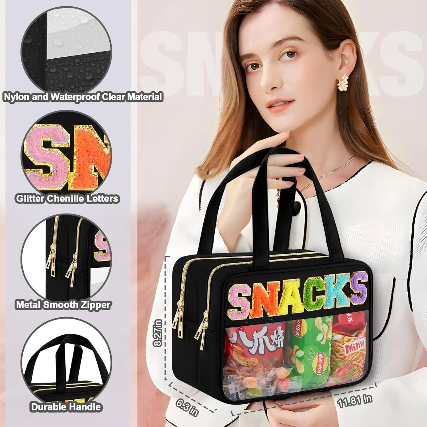 Chenille Letter Clear Makeup Bag, Preppy Cosmetic Bag Clear Snack Bags with Zipper, Stuff Bag Waterproof Sunscreen Bag Travel Toiletry Bag Cosmetic Pouch for Women and Girls (Snacks, Plus Size)