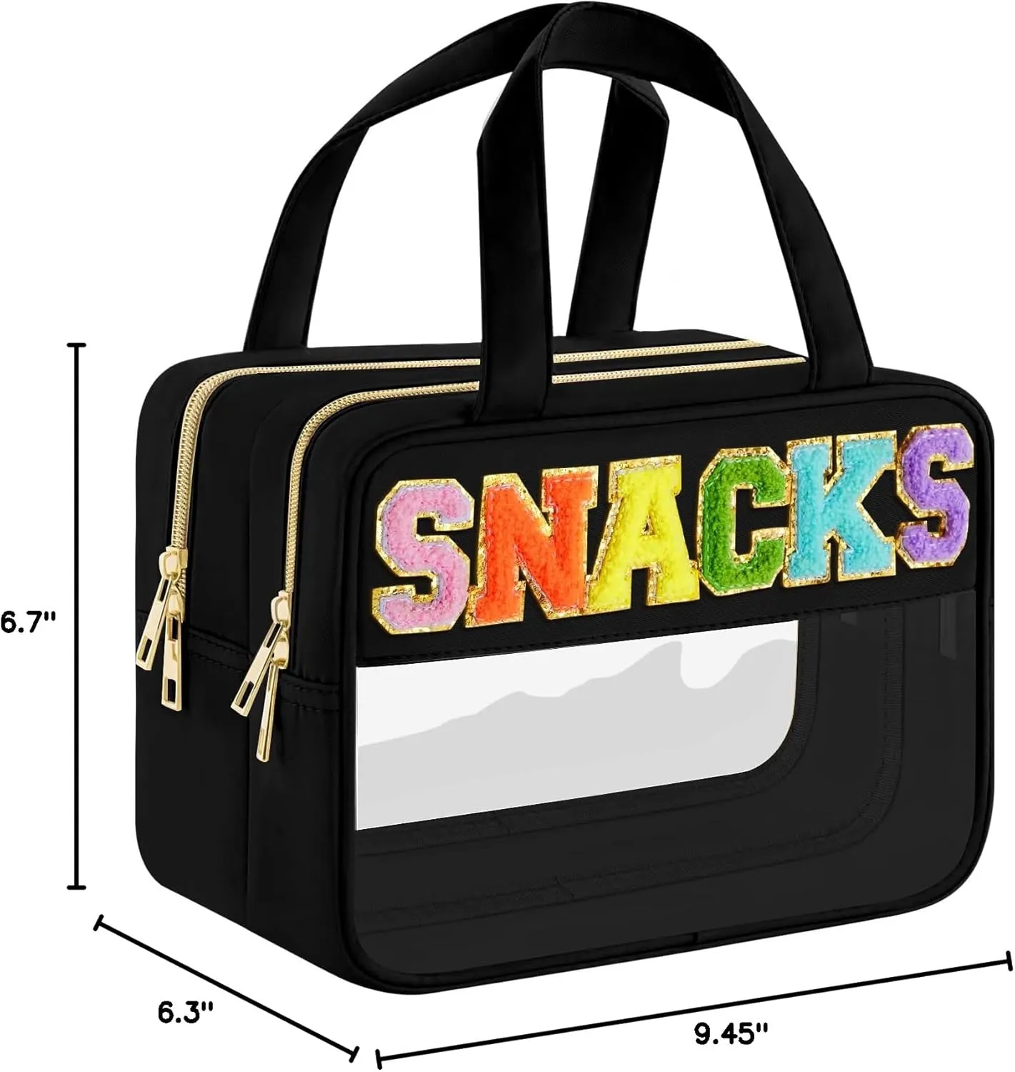 Chenille Letter Clear Makeup Bag, Preppy Cosmetic Bag Clear Snack Bags with Zipper, Stuff Bag Waterproof Sunscreen Bag Travel Toiletry Bag Cosmetic Pouch for Women and Girls (Snacks, Plus Size)