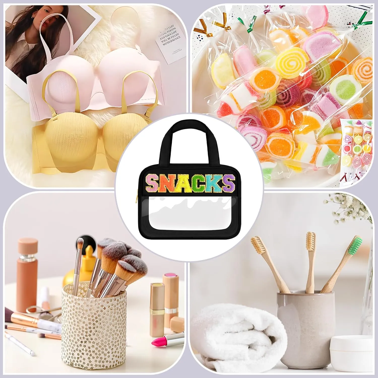 Chenille Letter Clear Makeup Bag, Preppy Cosmetic Bag Clear Snack Bags with Zipper, Stuff Bag Waterproof Sunscreen Bag Travel Toiletry Bag Cosmetic Pouch for Women and Girls (Snacks, Plus Size)