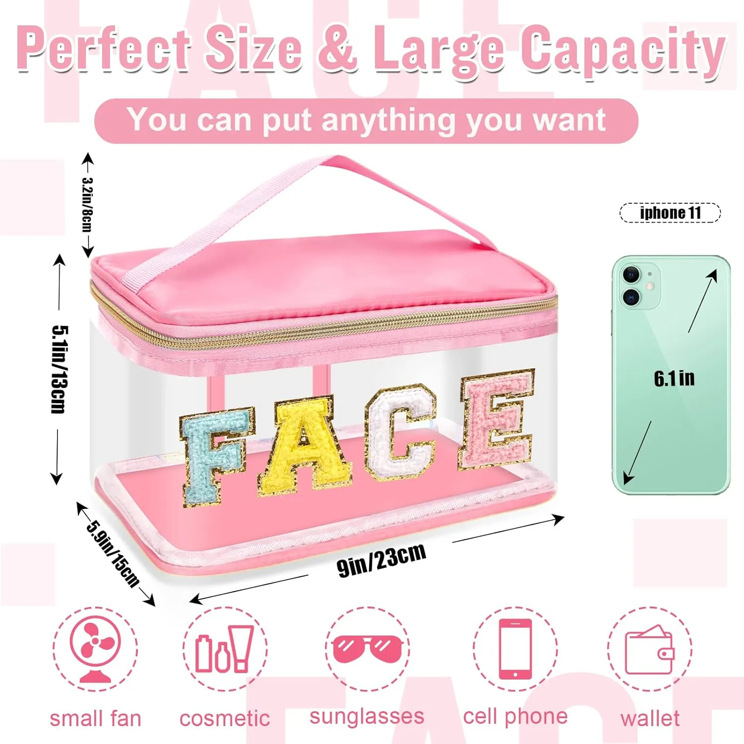 Chenille Letter Clear Makeup Bags Face Pouch, Preppy Patch Makeup Bag Zipper with Handle, Transparent PVC & Nylon Waterproof Glitter Cosmetic Handbag Travel Toiletry Storage for Women Girl(FACE-Pink)