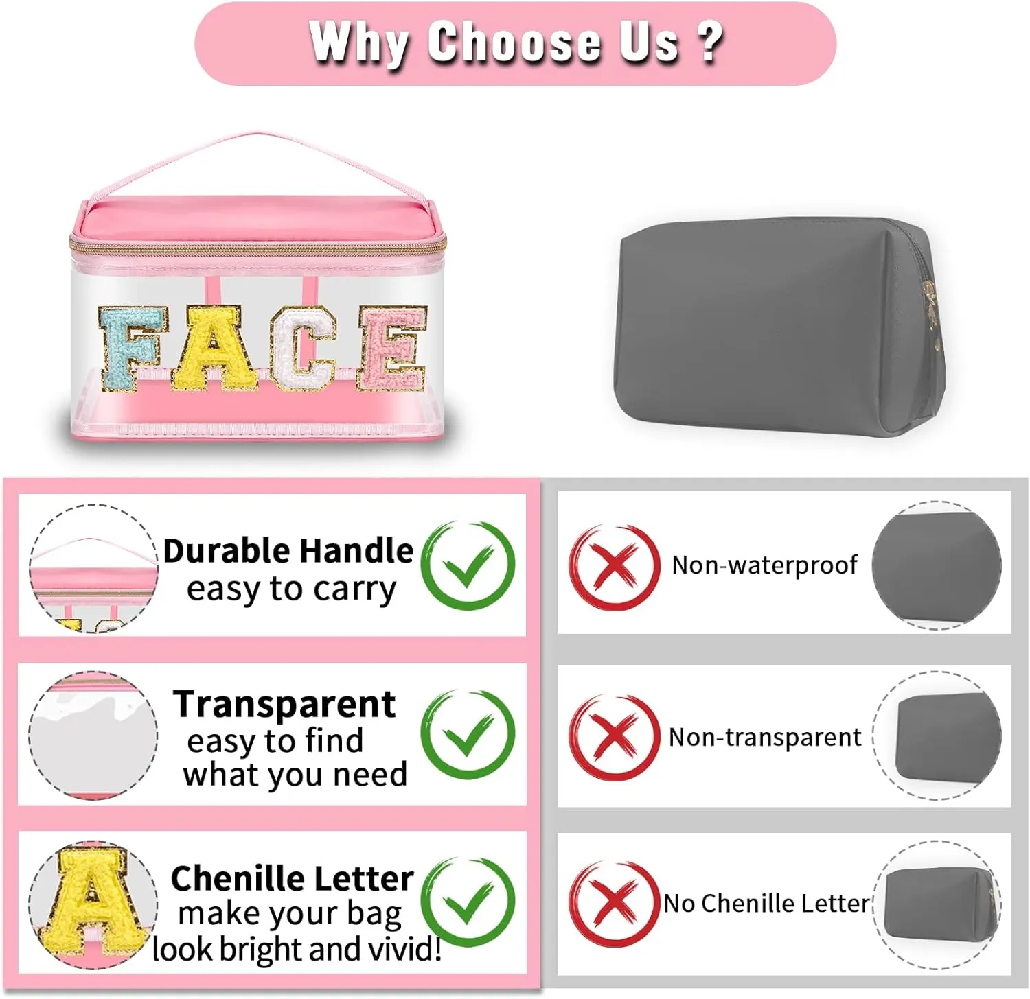 Chenille Letter Clear Makeup Bags Face Pouch, Preppy Patch Makeup Bag Zipper with Handle, Transparent PVC & Nylon Waterproof Glitter Cosmetic Handbag Travel Toiletry Storage for Women Girl(FACE-Pink)