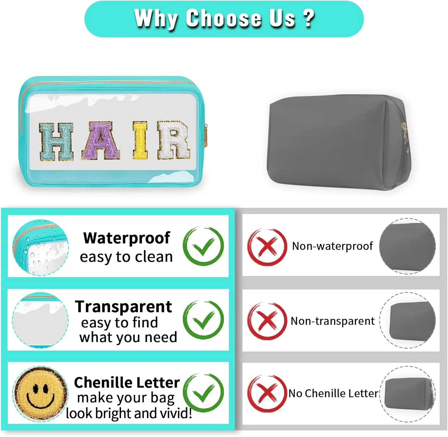 Chenille Letter Clear Makeup Bags Hair Pouch, Preppy Patch Makeup Bag with Zipper, Transparent PVC & Nylon Waterproof Portable Glitter Cosmetic Bag Travel Toiletry Storage for Women Girl(HAIR-Green)